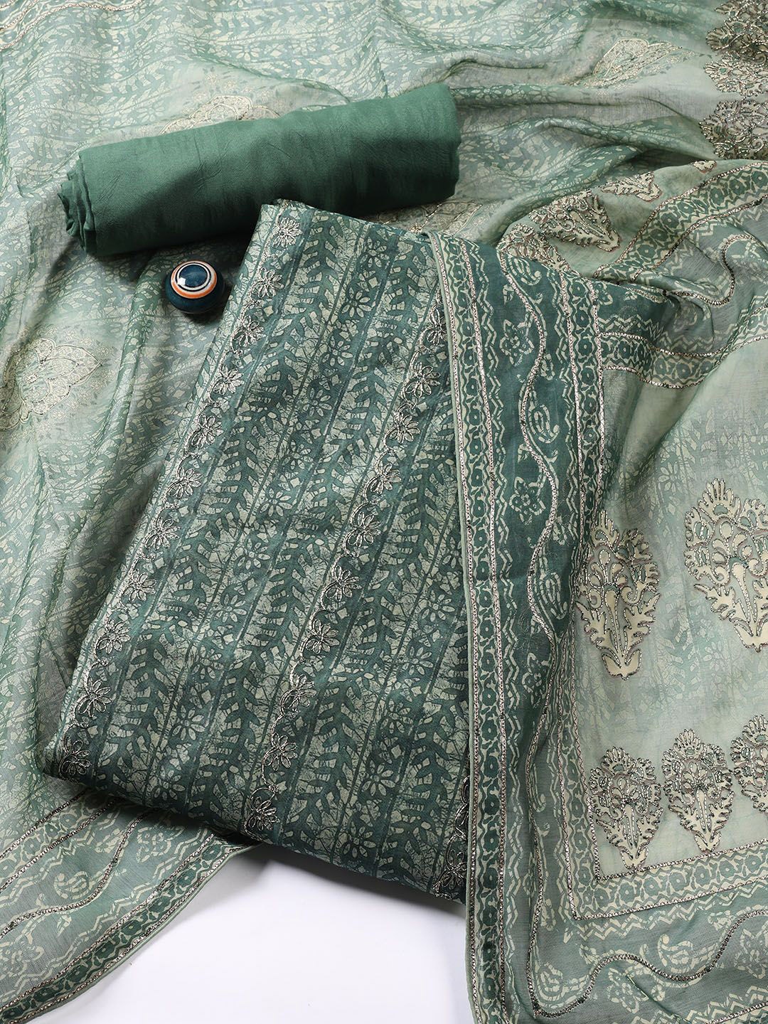 

Meena Bazaar Floral Printed Thread Work Chanderi Unstitched Dress Material, Green