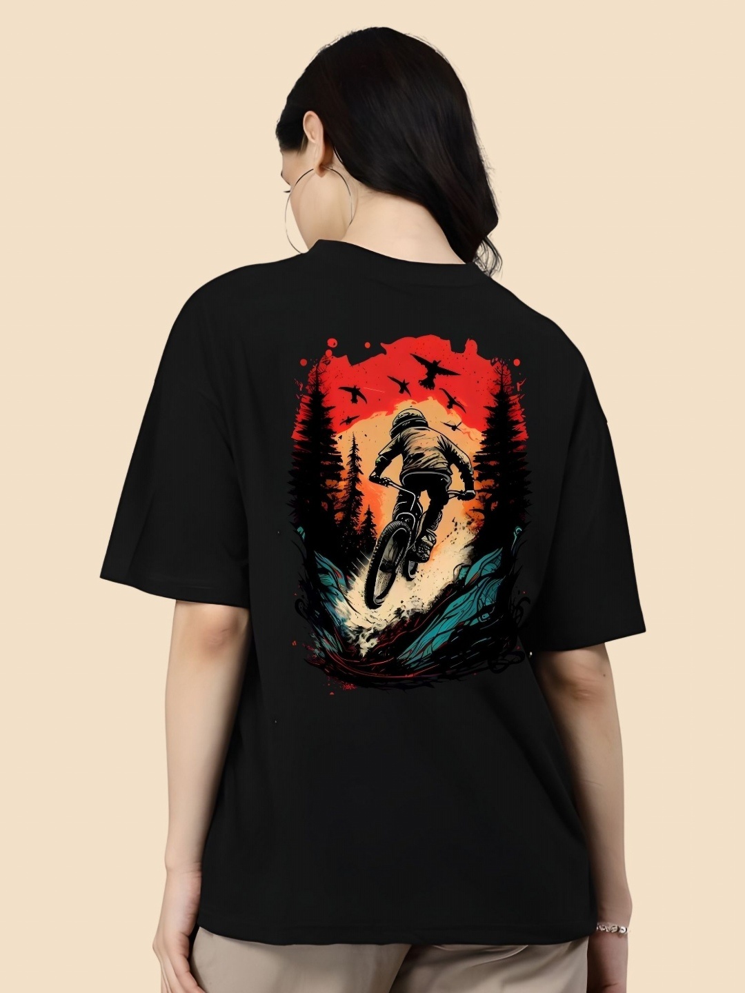 

SZN Women Graphic Printed Round Neck Cotton Oversized T-shirt, Black