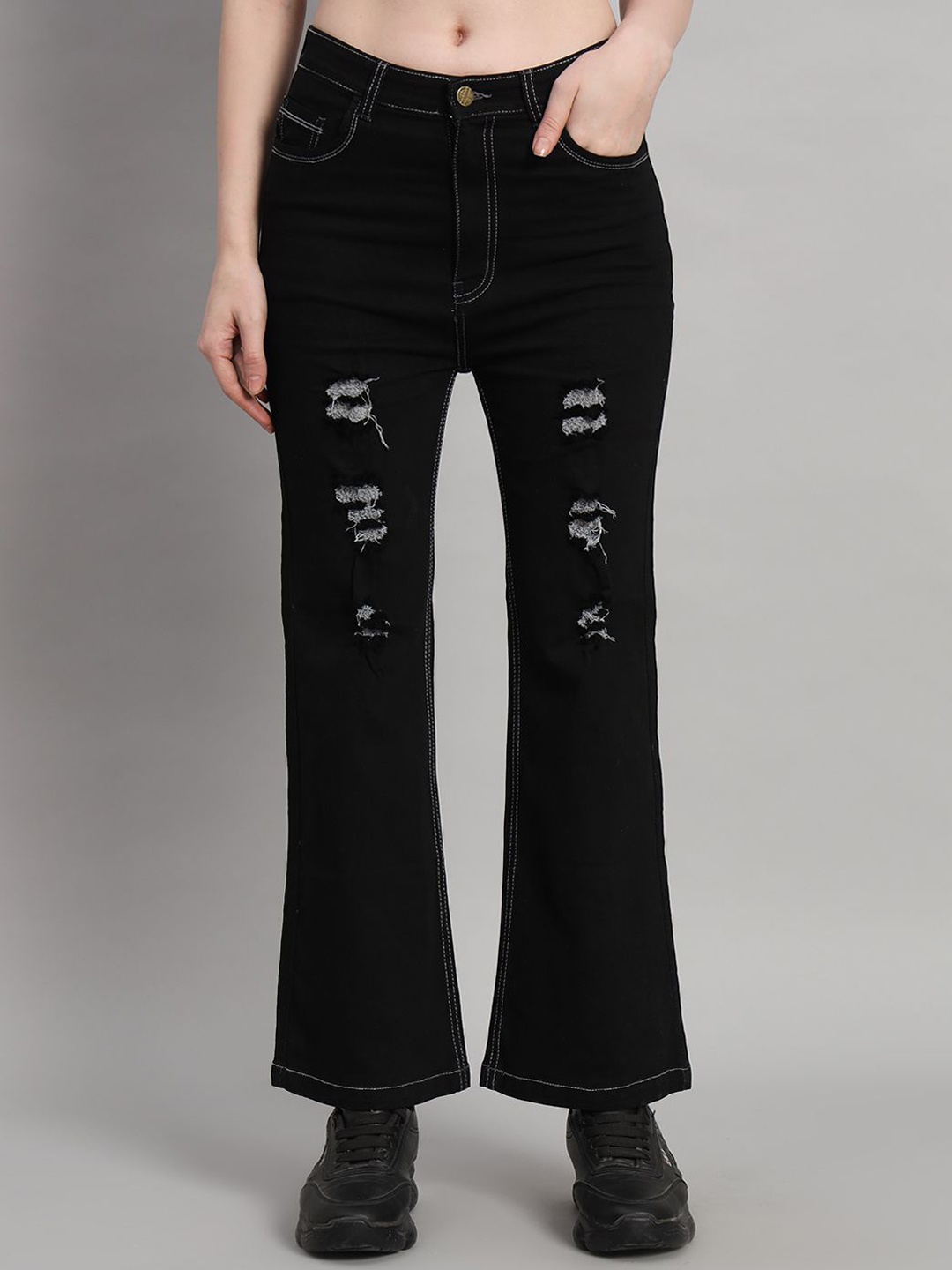 

Mast & Harbour Women Cotton Flared High-Rise Slash Knee Stretchable Jeans, Black