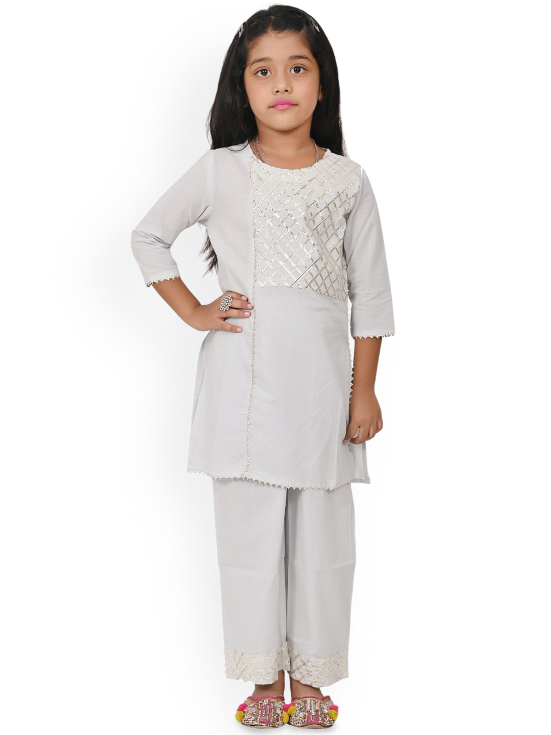 

Megha Overseas Girls Yoke Design Round Neck Gotta Patti Kurta With Trousers, Grey