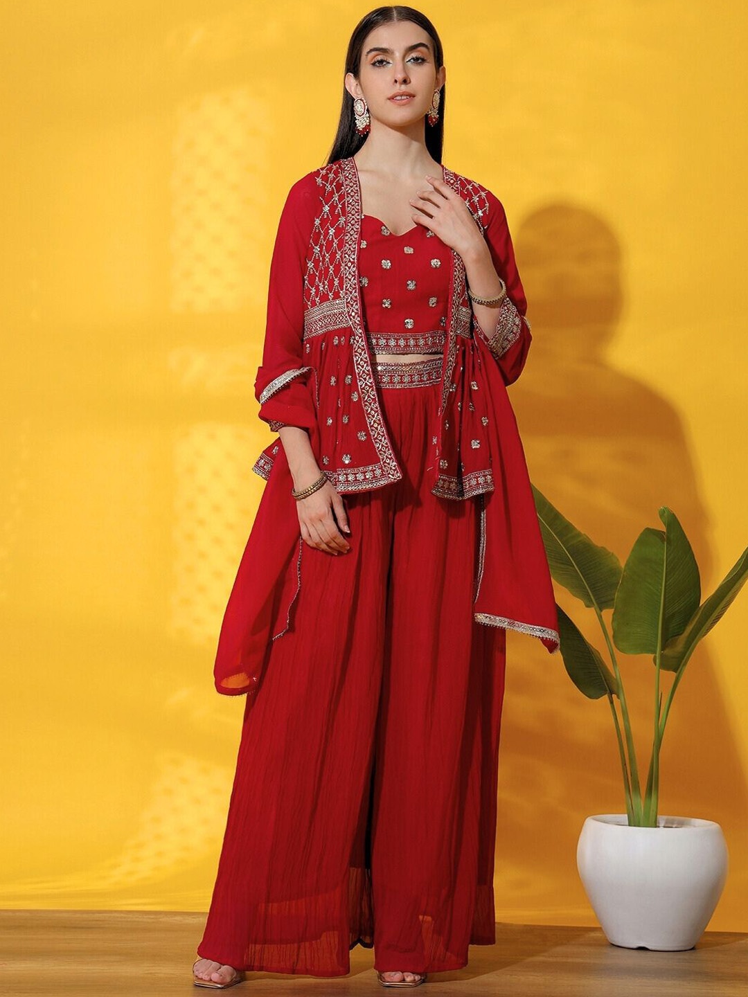 

Chhabra 555 Embellished Sequinned Sweetheart Neck Top, Palazzos With Jacket And Dupatta, Red
