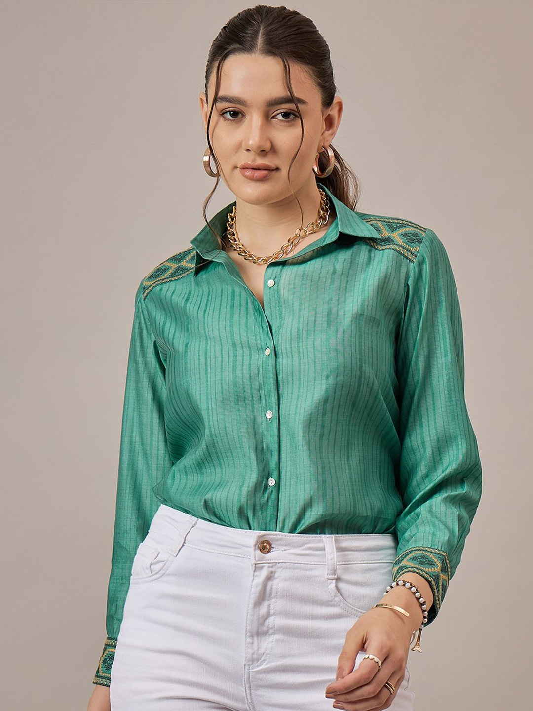 

CORSICA Women Semi Sheer Casual Shirt, Green