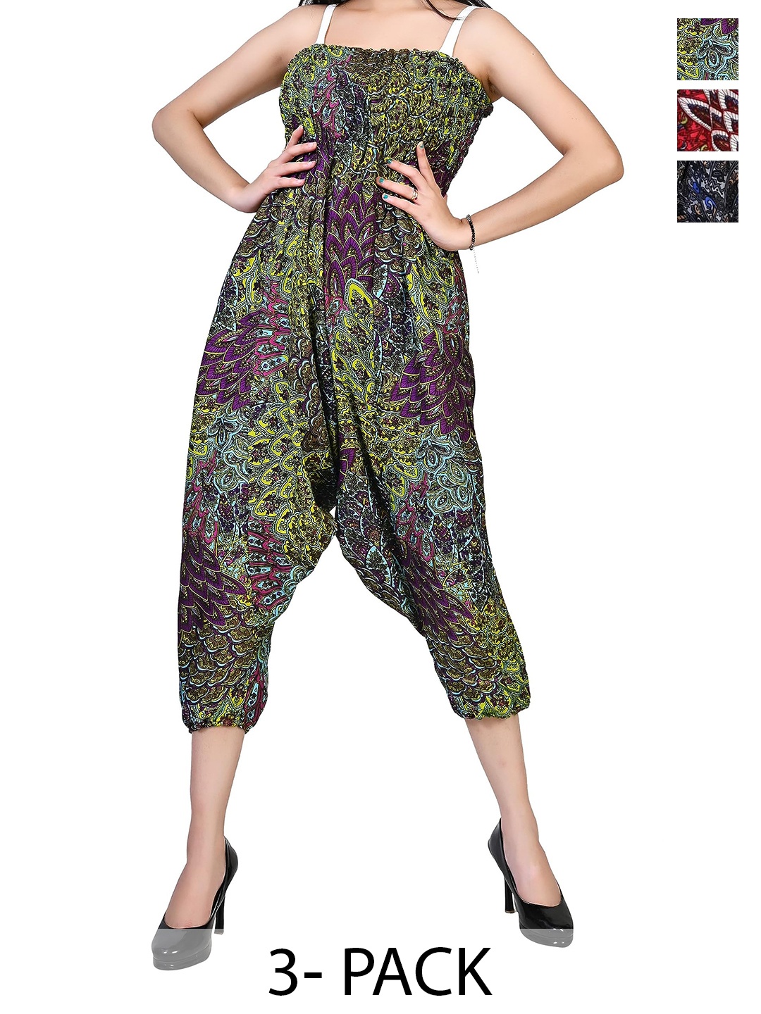 

NarNari Women Pack Of 3 Ethnic Motifs Printed Mid-Rise Harem Pants, Green