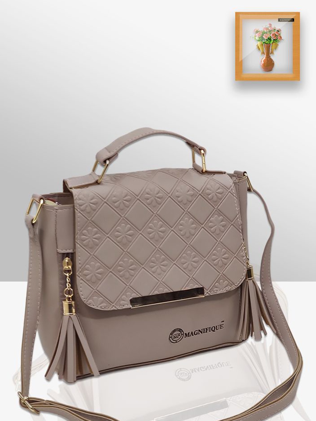 

MAGNIFIQUE Textured PU Sling Bag, Nude