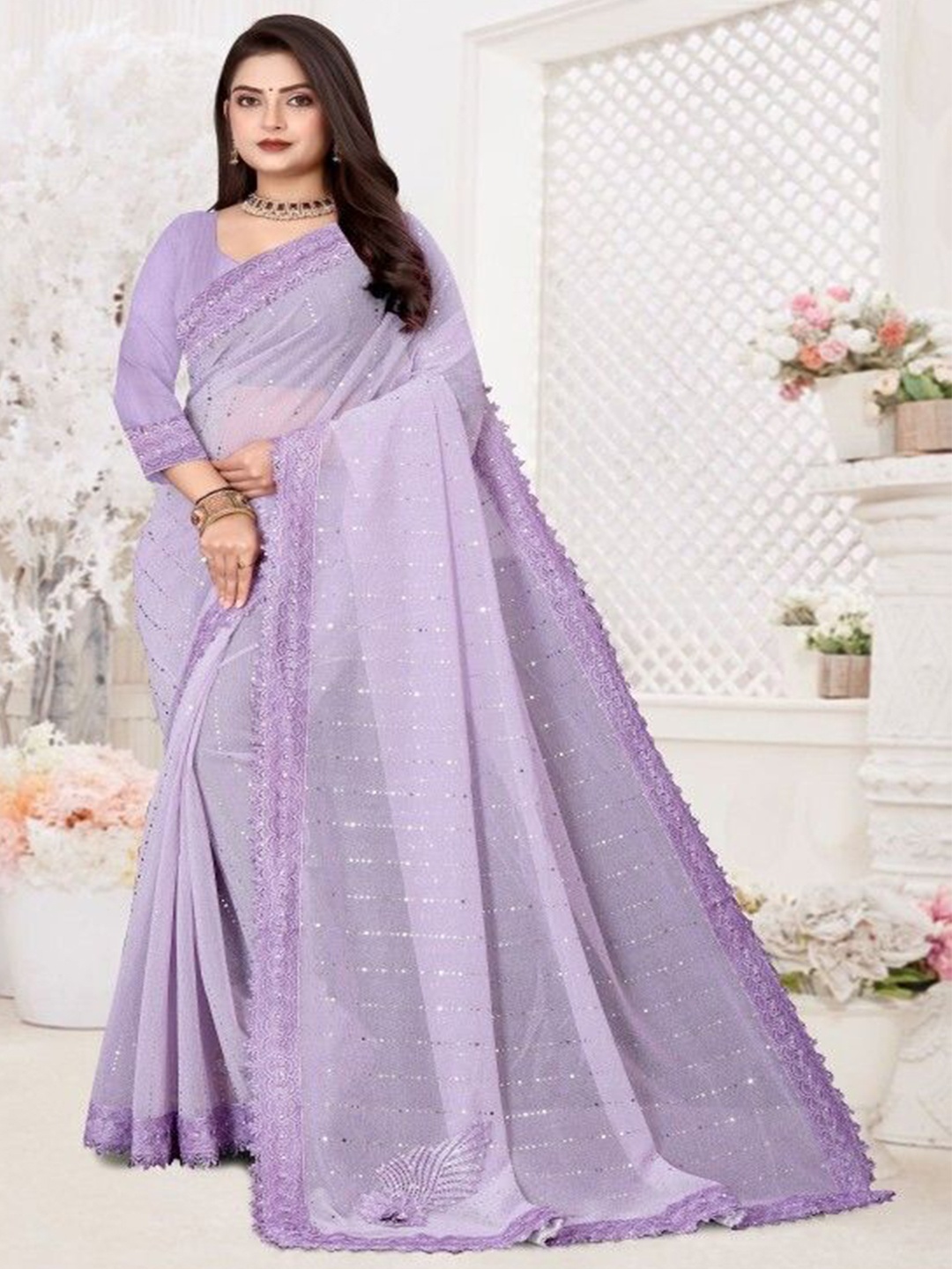 

A TO Z CART Embellished Mirror Work Saree, Lavender