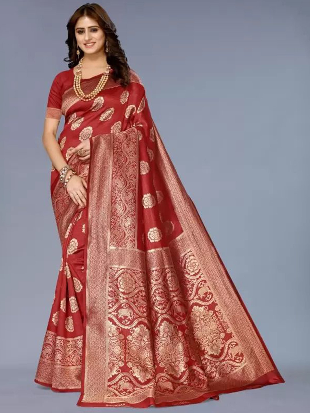 

Florence Woven Design Zari Pure Silk Kanjeevaram Saree, Maroon