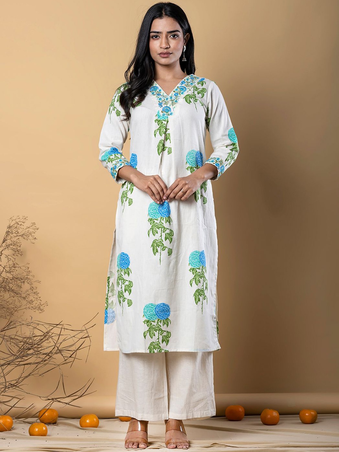 

Readiprint Floral Printed V-Neck Sequinned Straight Kurta with Palazzos, Off white