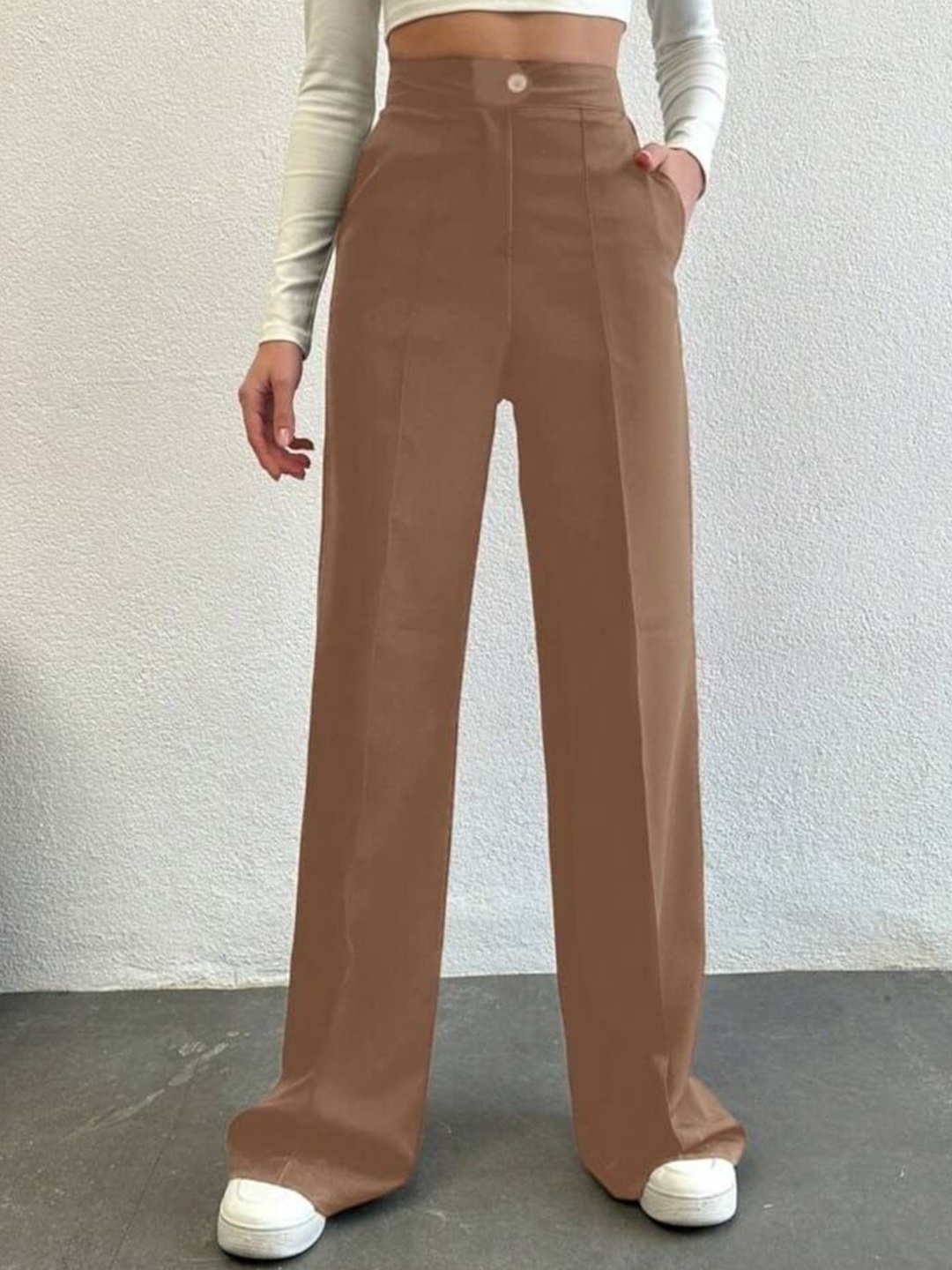 

Next One Women Smart Straight Fit High-Rise Easy Wash Pleated Trousers, Brown