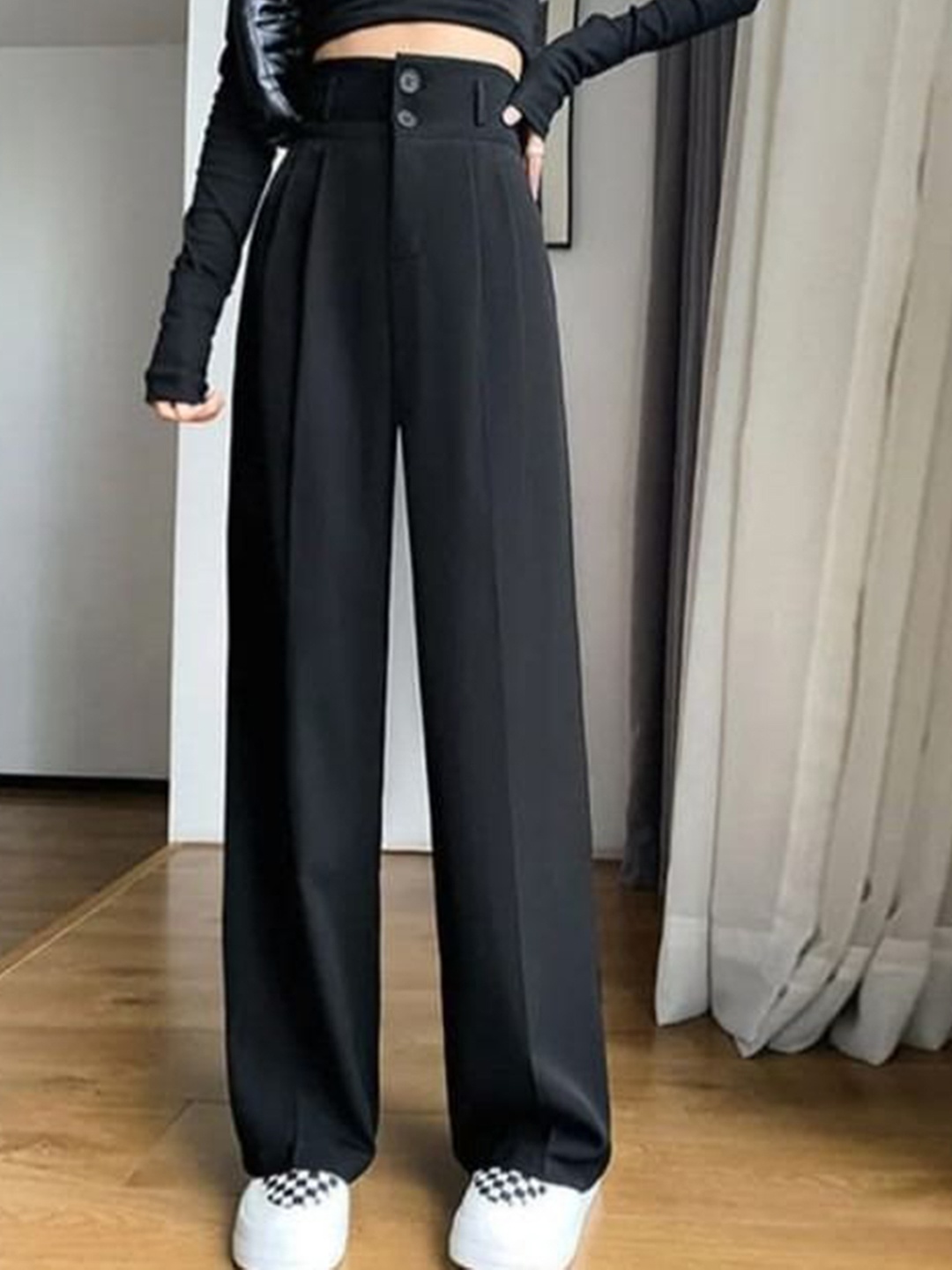 

Next One Women Smart Loose Fit High-Rise Easy Wash Pleated Trousers, Black