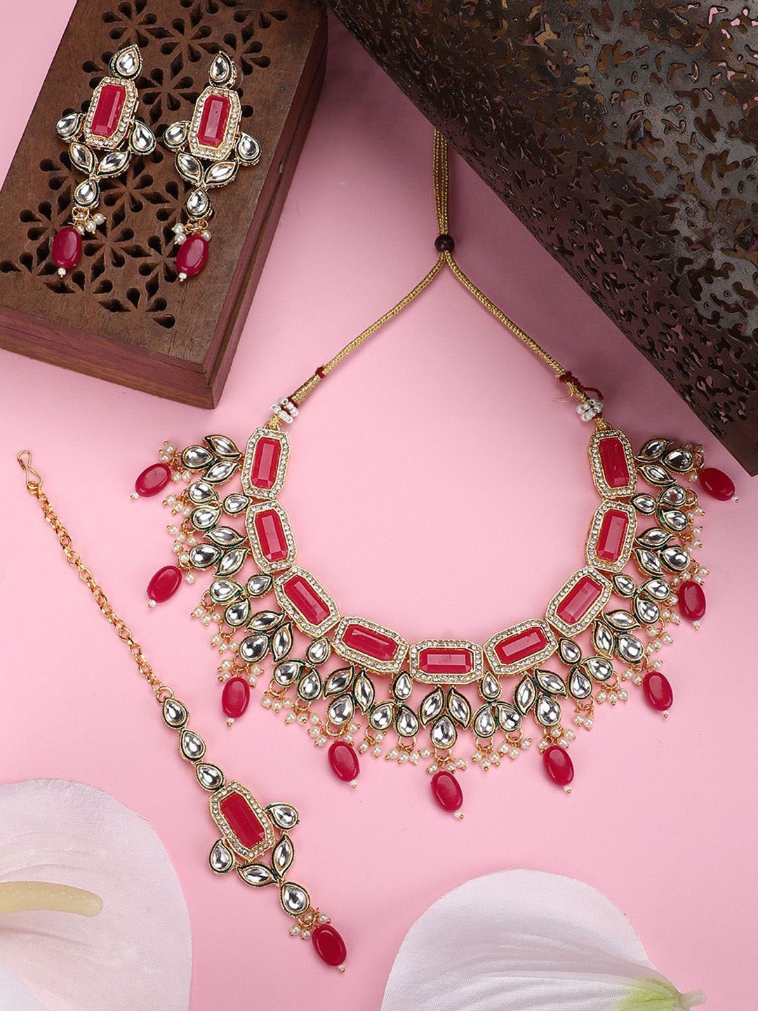 

Anouk Gold-Plated Kundan Stone Studded & Beads Beaded Necklace With Earrings & Maang Tika