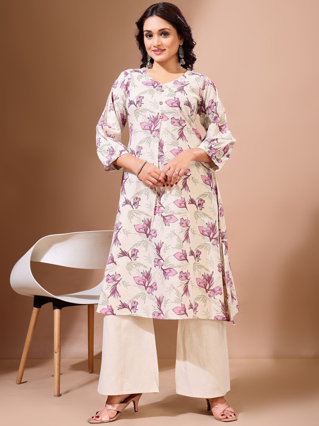 

KALINI Floral Printed V Neck Pleated A-Line Pure Cotton Kurta With Palazzos, White