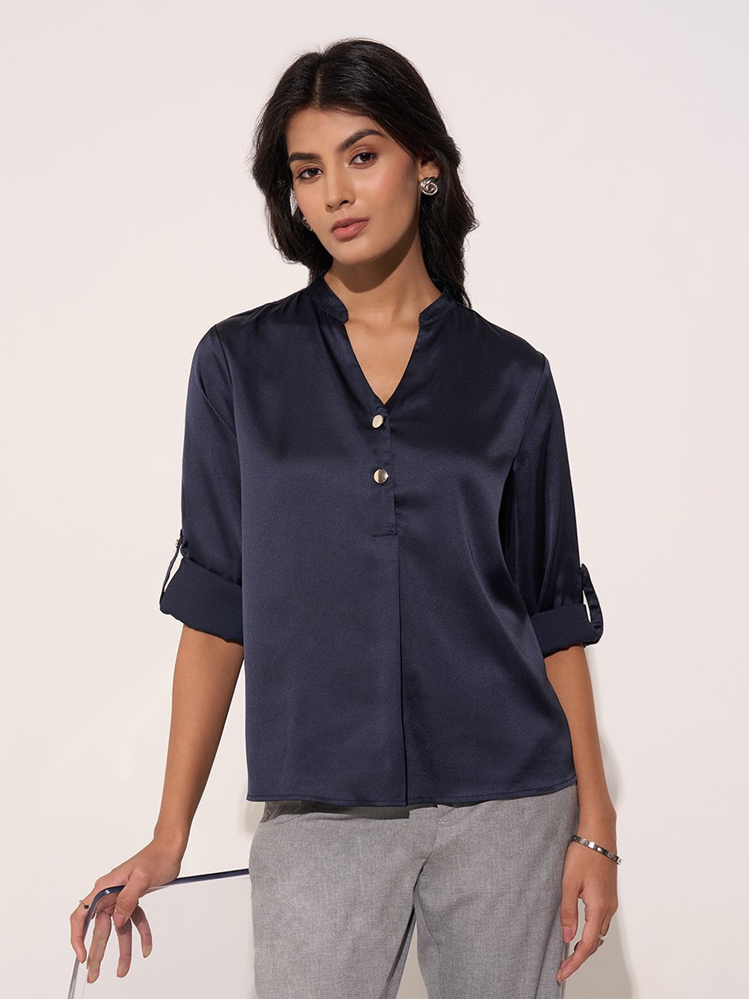 

Annabelle by Pantaloons Roll-Up Sleeves Shirt Style Top, Navy blue