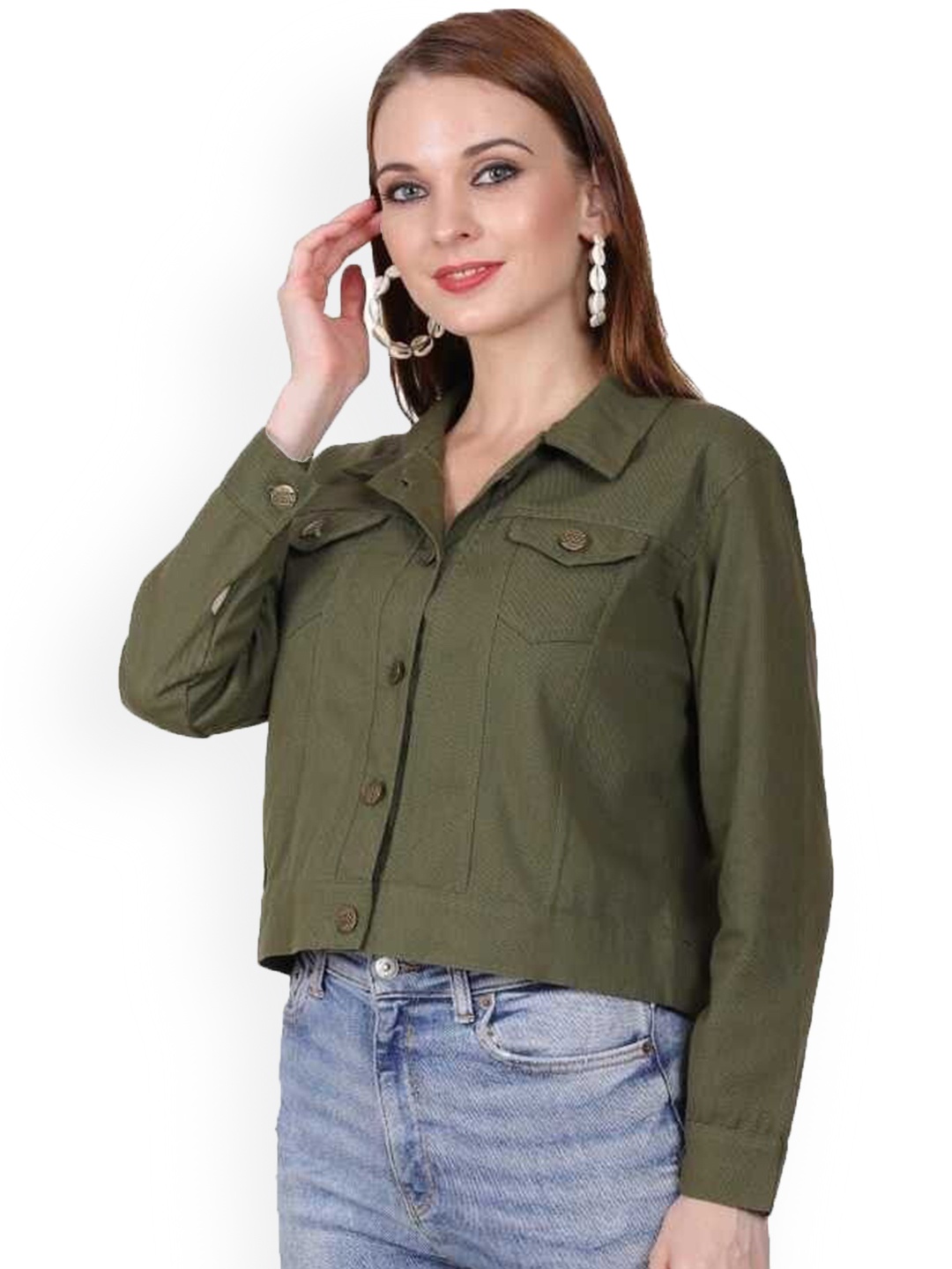 

KASHIAN Women Spread Collar Solid Casual Denim Jacket, Olive