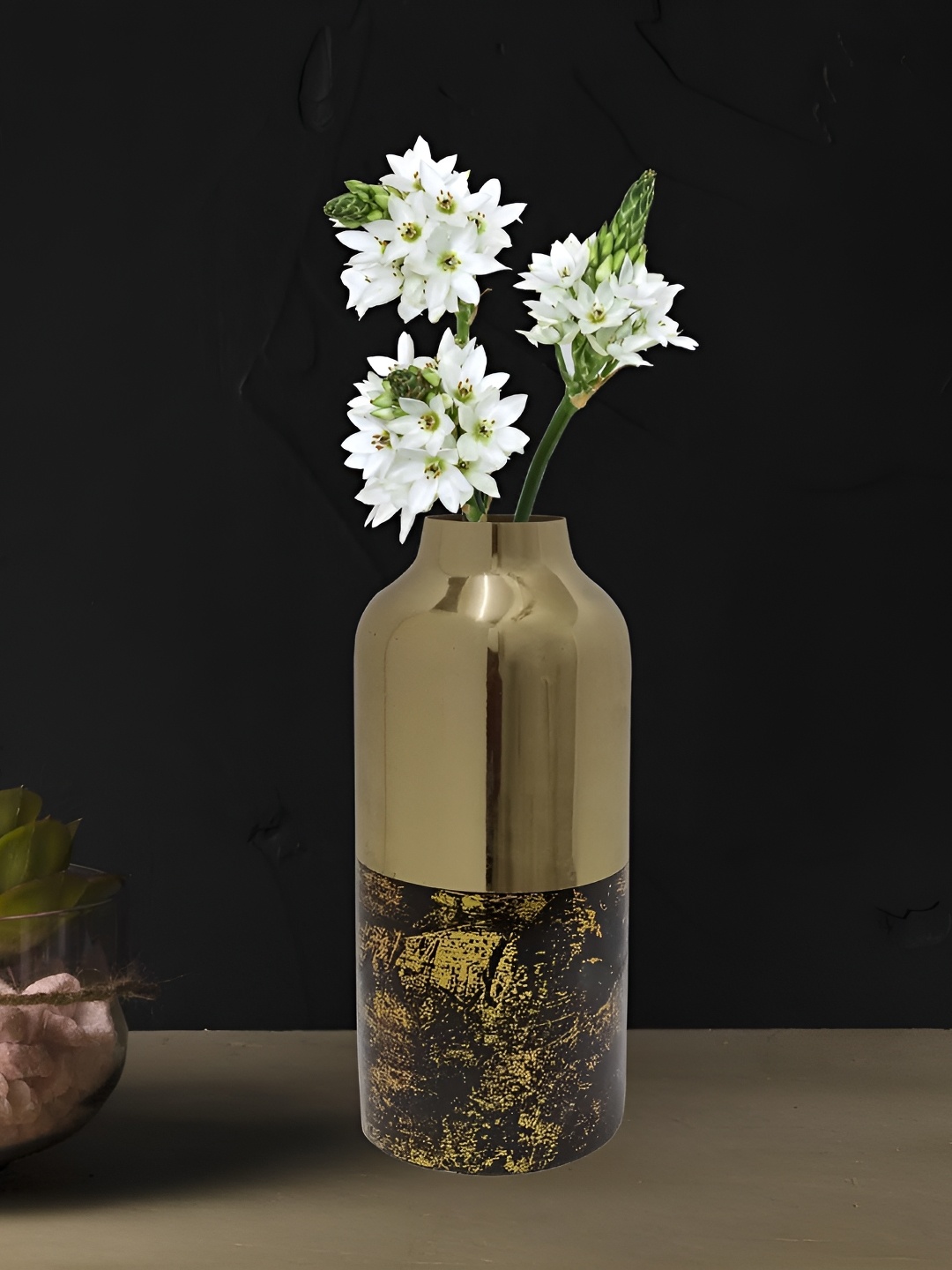 

Cocovey Homes Yellow & Black Abstract Printed Metal Vase, Gold