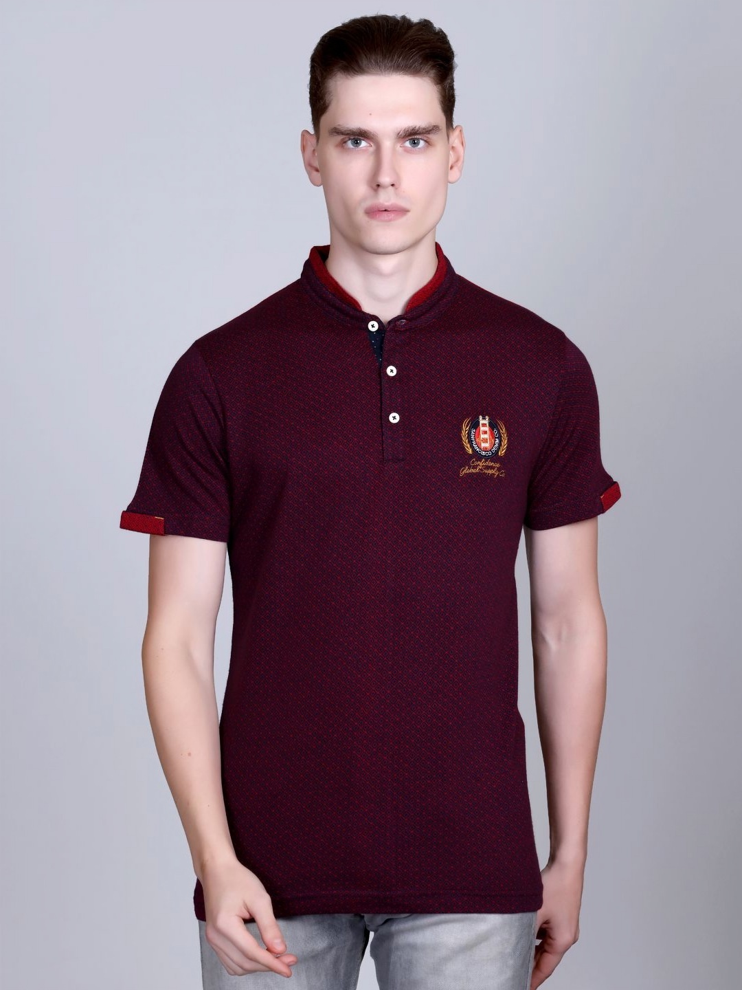 

CONFIDENCE Men Geometric Printed Mandarin Collar Cotton Slim Fit T-shirt, Maroon