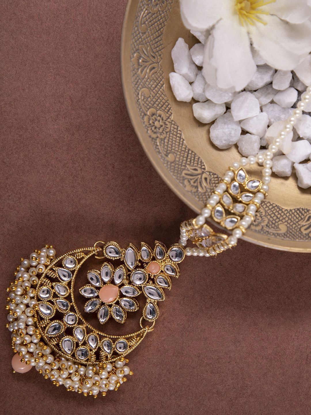 

Anouk Gold-Plated Kundan Stone Studded & Beaded Floral Shaped Maang Tikka