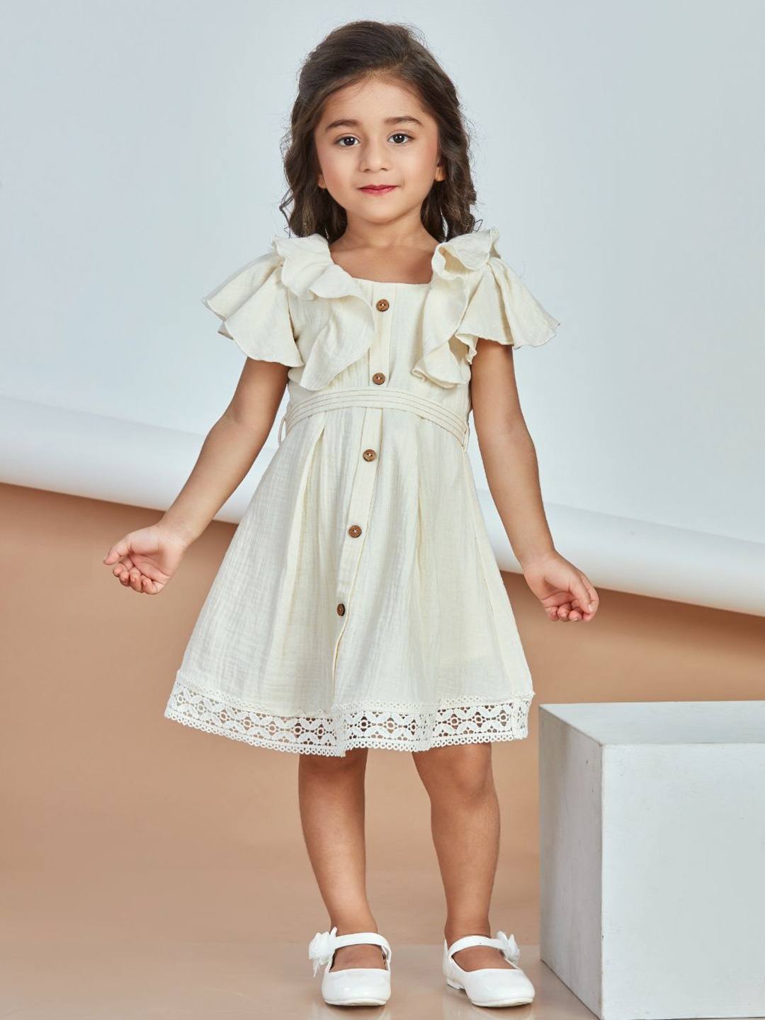

Peppermint Girls Flutter Sleeves A-Line Dress with a Belt, Cream