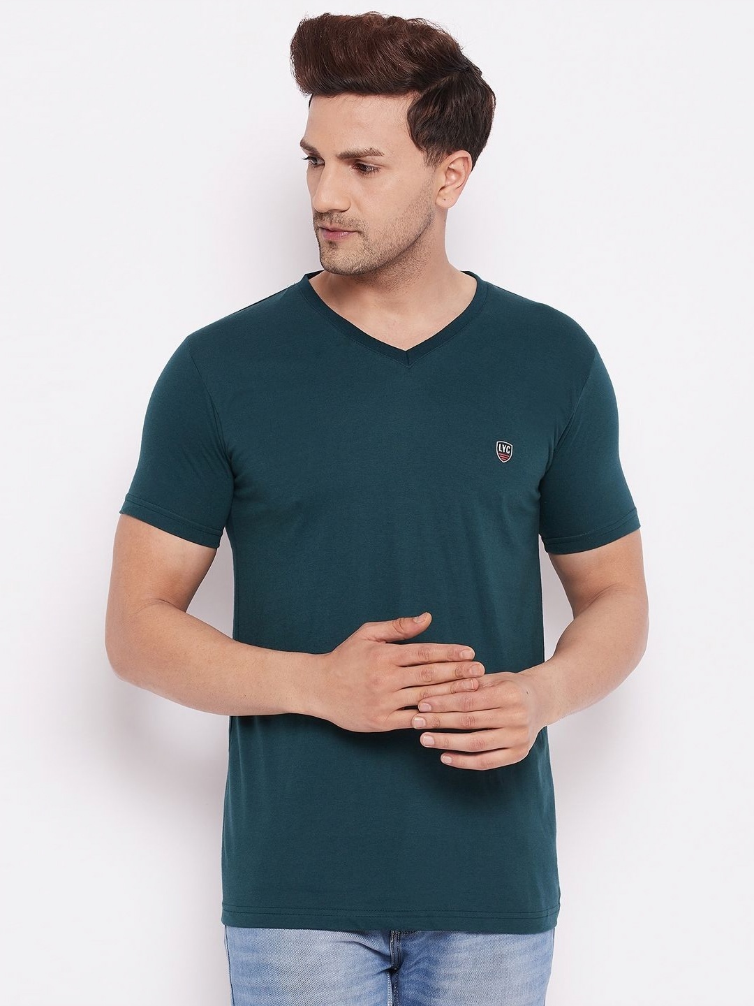 

LYCOS Men Solid V-Neck Cotton T-shirt, Teal
