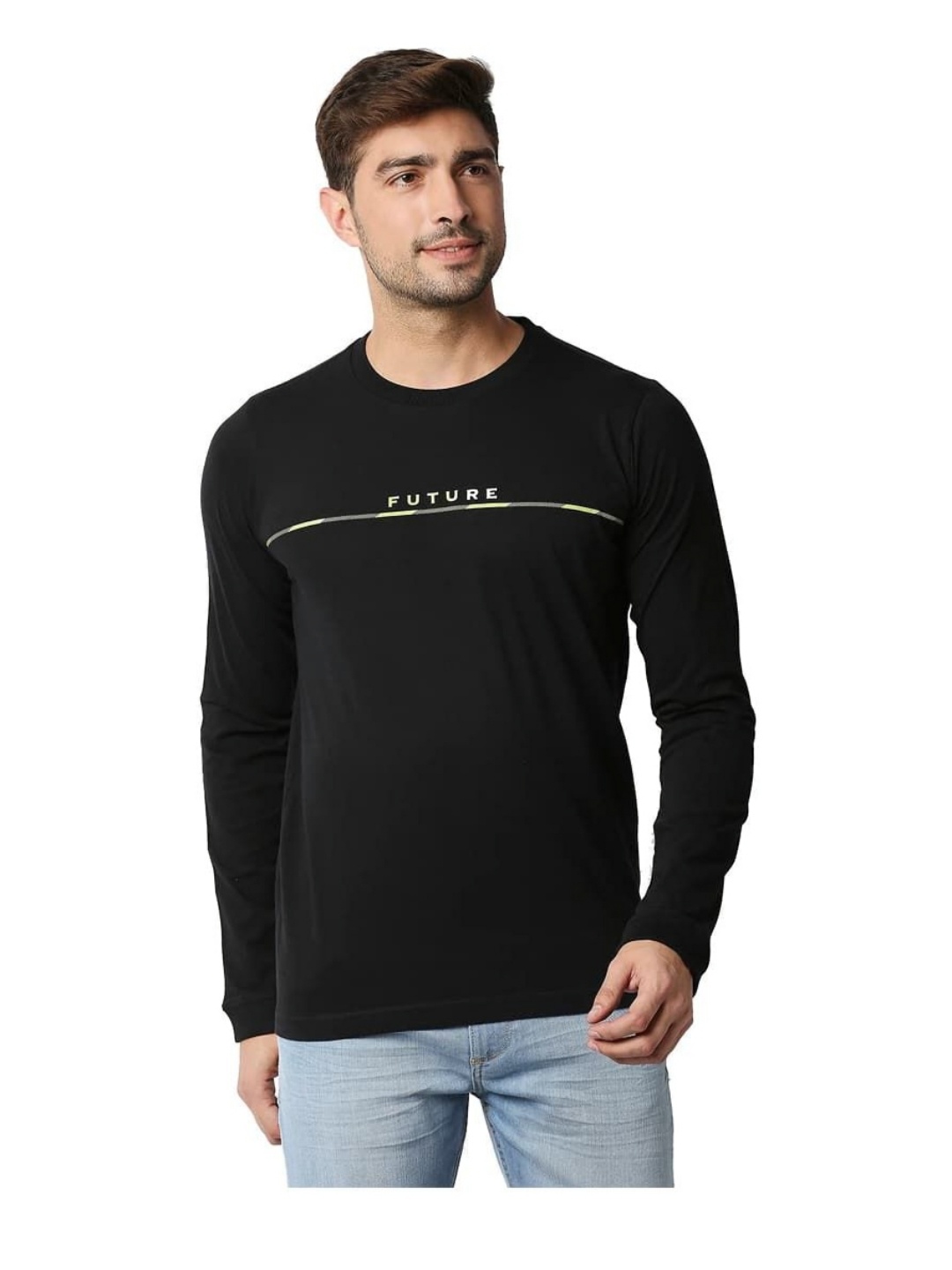 

Basics Men Typography Printed Round Neck Cotton T-shirt, Black