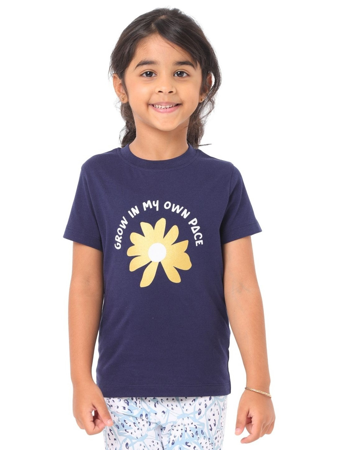 

Nuego Kids Girls Floral Printed Bio Finish Round Neck Half Sleeve Cotton T-shirt, Navy blue