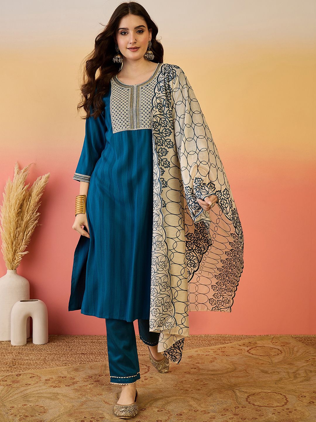 

Sangria Floral Yoke Design Sequinned Straight Kurta With Trouser And Dupatta, Blue