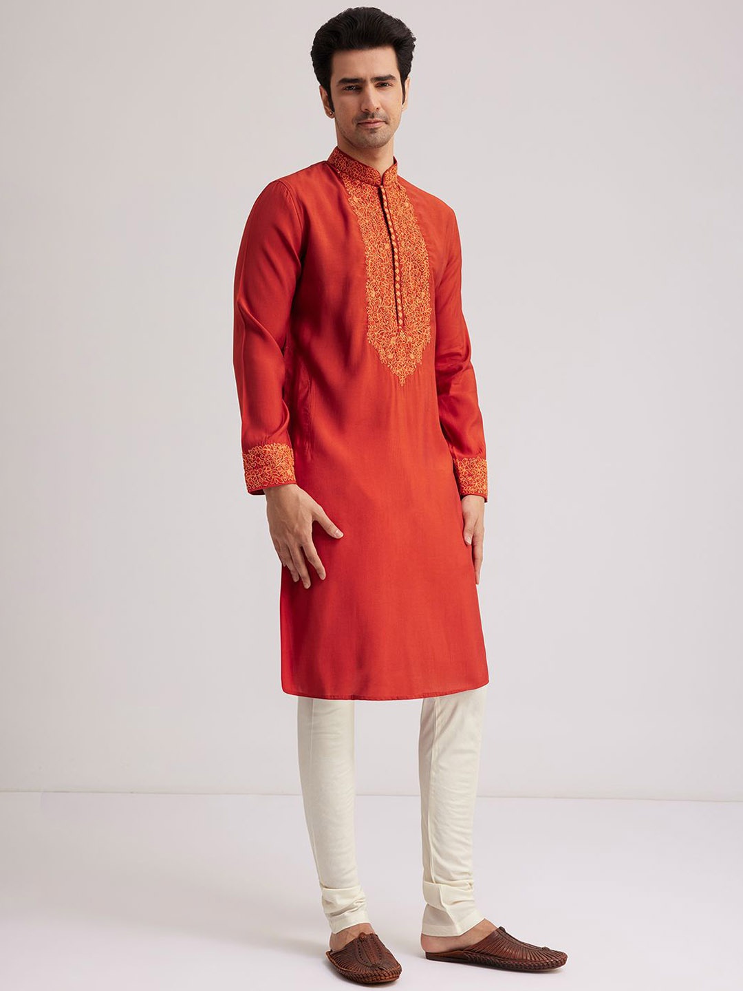 

KALKI Fashion Floral Embroidered Mandarin Collar Kurta With Trouser, Orange
