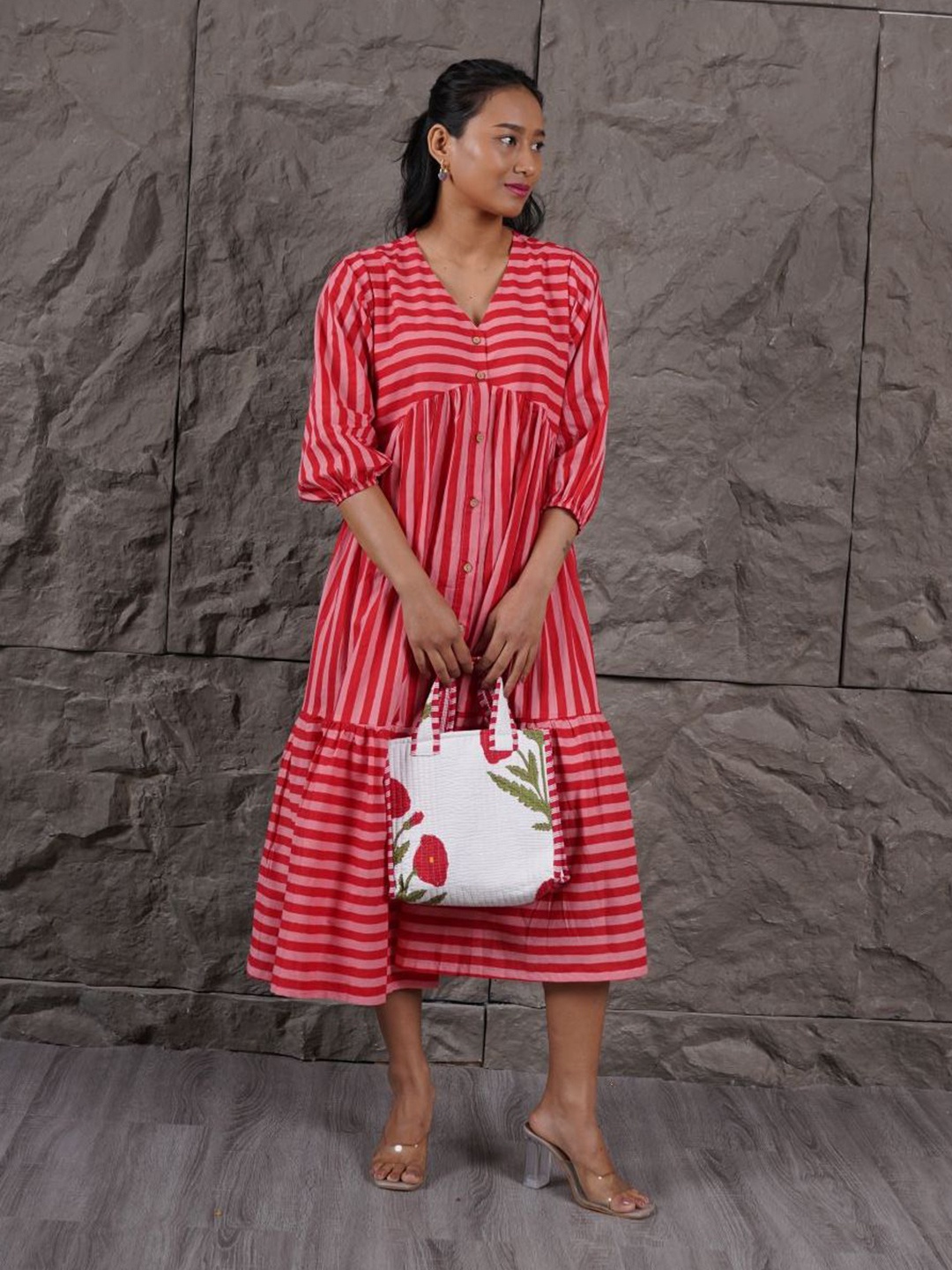 

The Quince Life Women Cotton Puff Sleeve A-Line Dress, Red