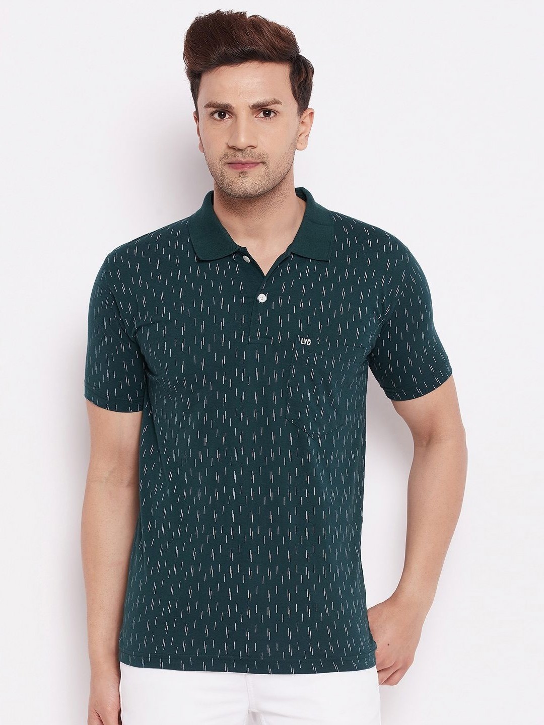 

LYCOS Men Geometric Printed Polo Collar Cotton T-shirt, Teal