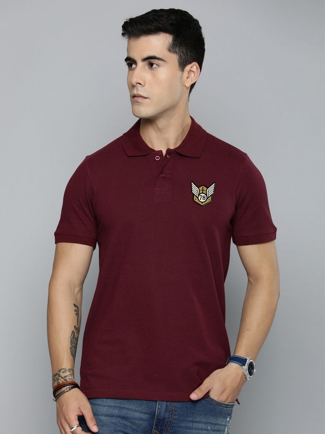 

R.Code by The Roadster Lifestyle Co. Men Regular Fit Solid Polo Collar Cotton T-shirt, Burgundy