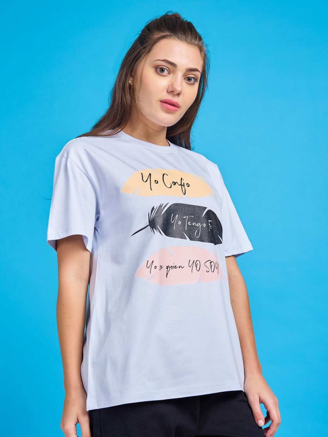 

Mast & Harbour Women Graphic Printed Round Neck Cotton Oversized T-shirt, Grey
