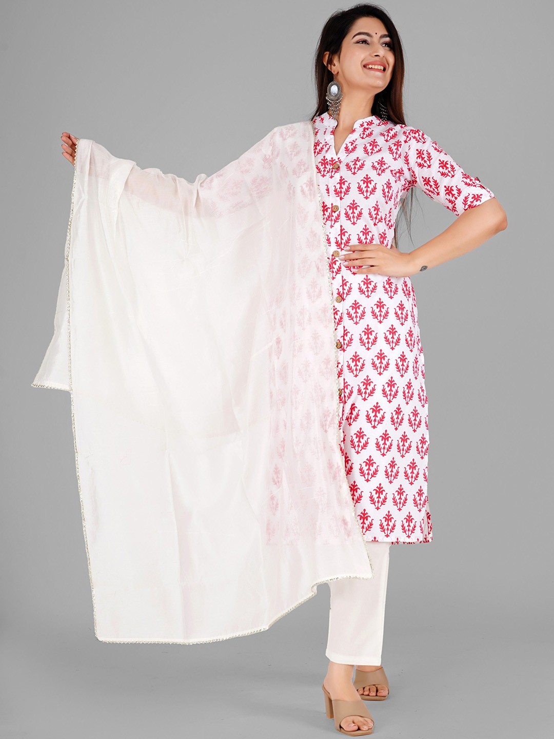 

rf clothes Floral Printed Mandarin Collar Pure Cotton A-Line Kurta With Trouser & Dupatta, White