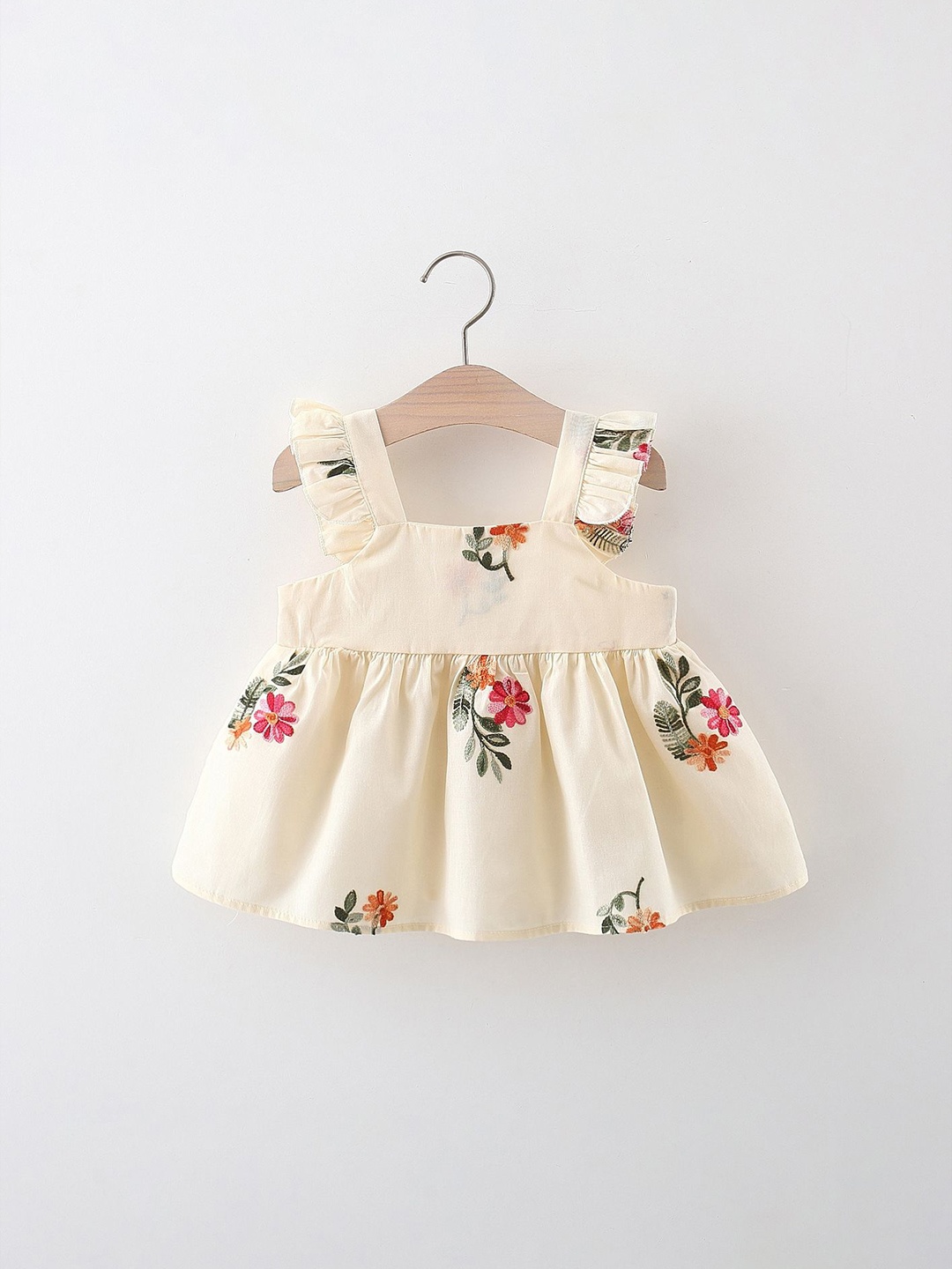 

LULU & SKY Girls Floral Embroidered Flutter Sleeves Fit & Flare Dress, Beige