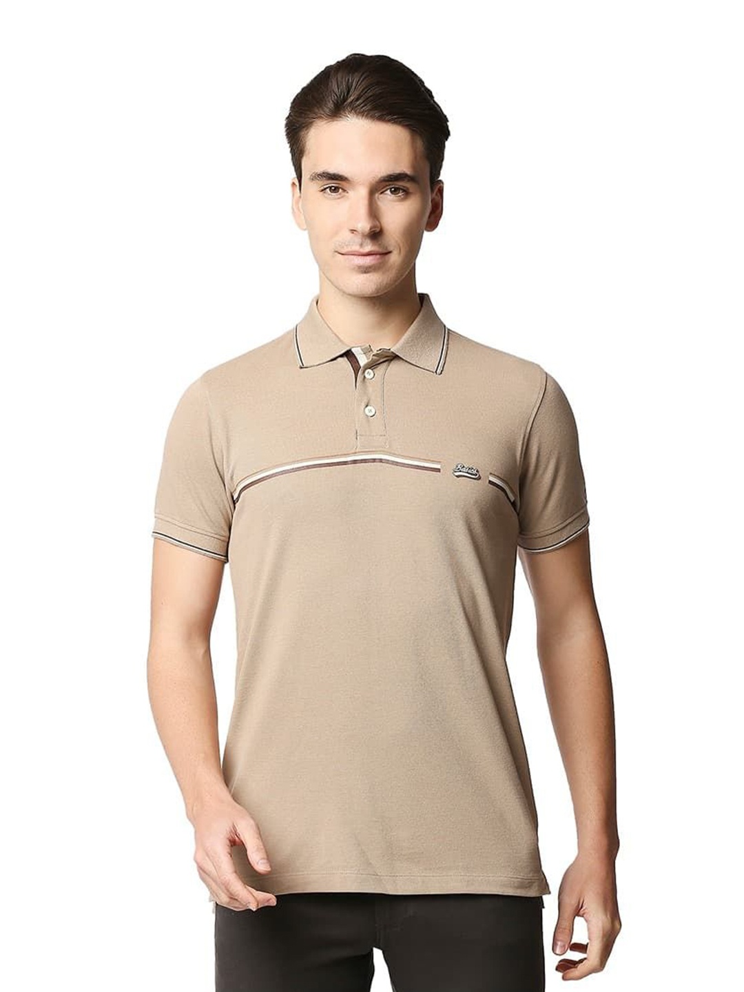 

Basics Men Striped Polo Collar Cotton T-shirt, Brown