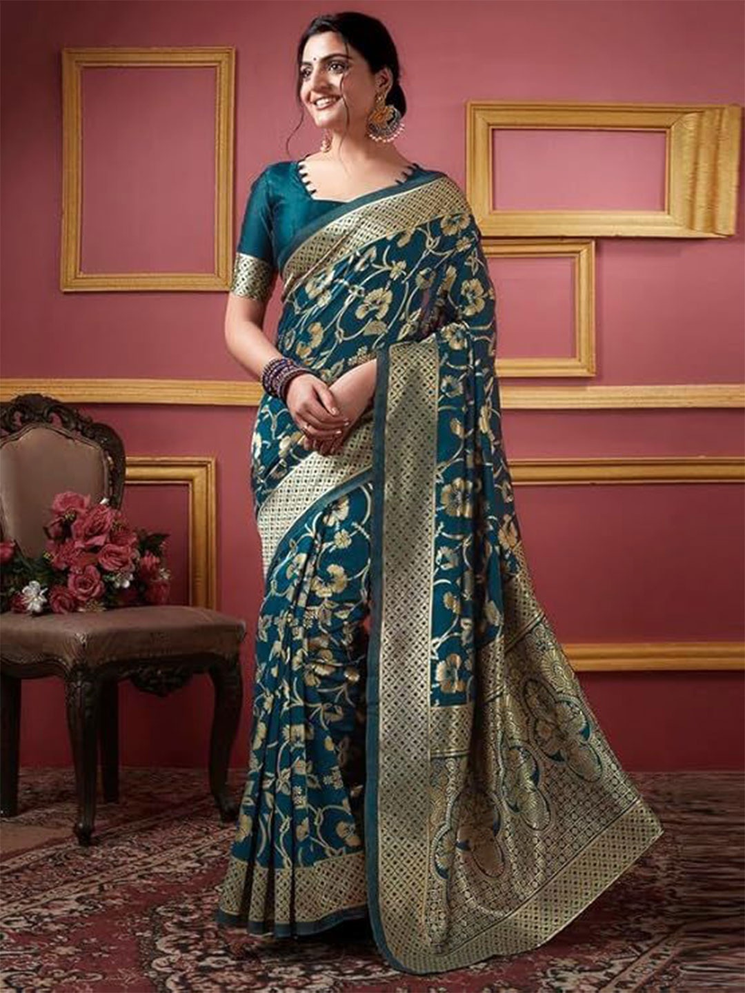 

Florence Woven Design Zari Pure Silk Kanjeevaram Saree, Turquoise blue