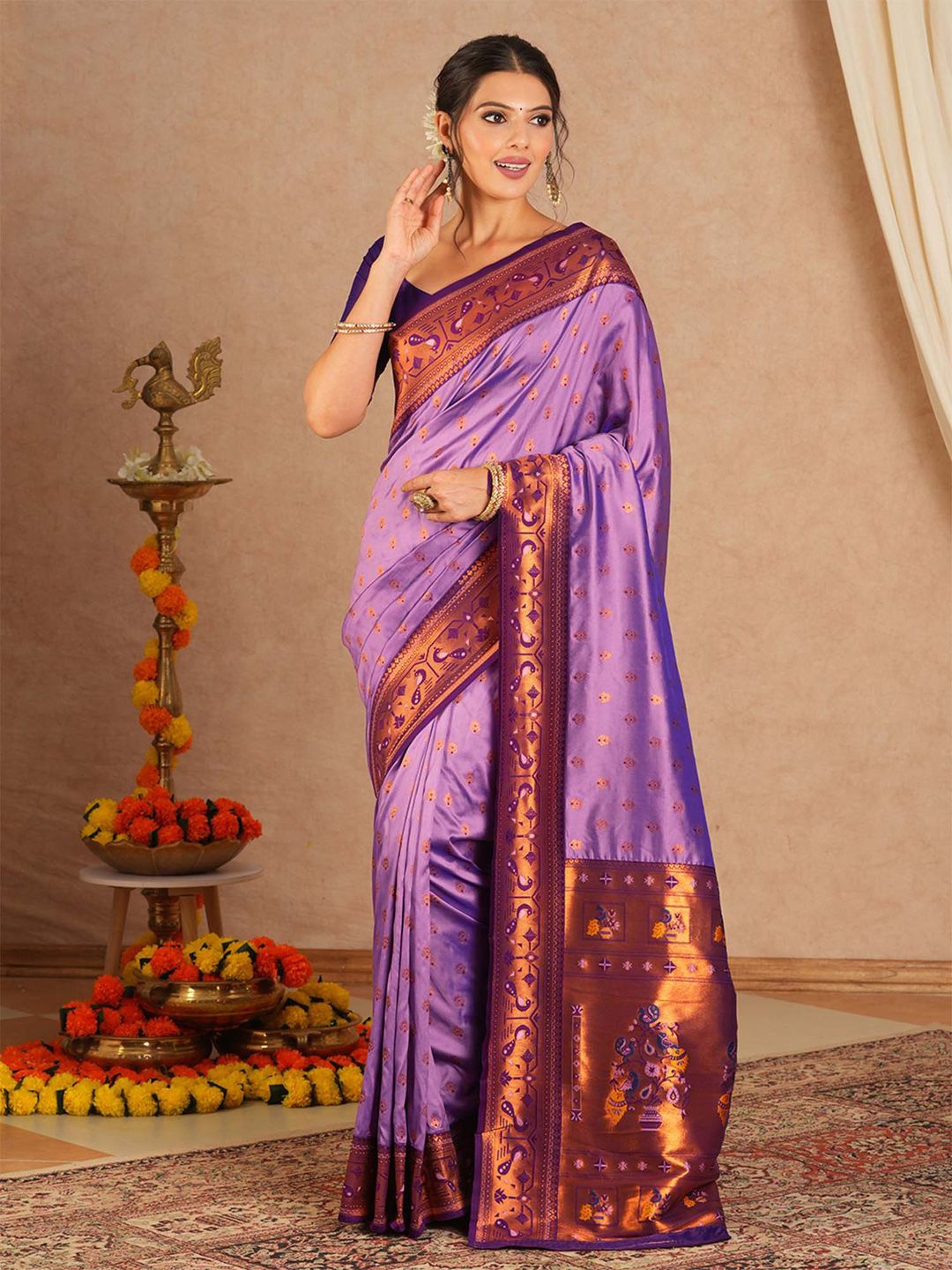 

Anouk Woven Design Zari Silk Blend Paithani Saree, Purple
