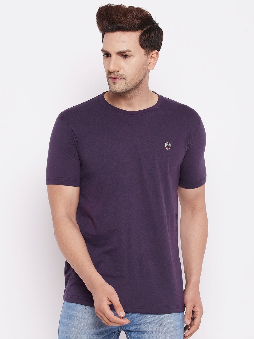 

LYCOS Men Solid Round Neck Cotton T-shirt, Purple
