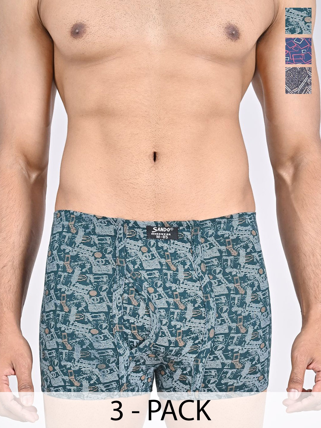 

SANDO Pack Of 3 Printed Cotton Trunks GENIUS-02-06-08, Green