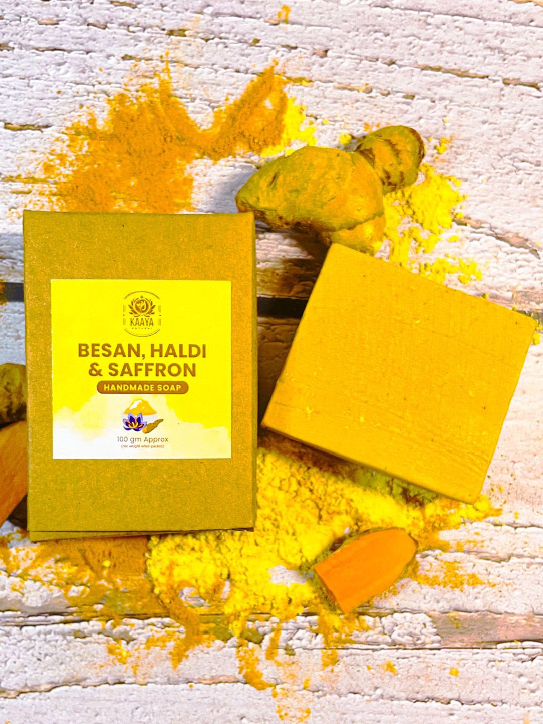 

Kaaya Natural Set Of 2 Basen, Haldi, & Saffron Soap -100g Each, Yellow