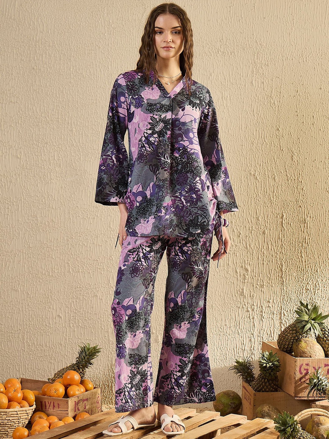 

SANSKRUTIHOMES Floral Printed Pure Cotton Top & Trouser Co-Ord Set, Purple