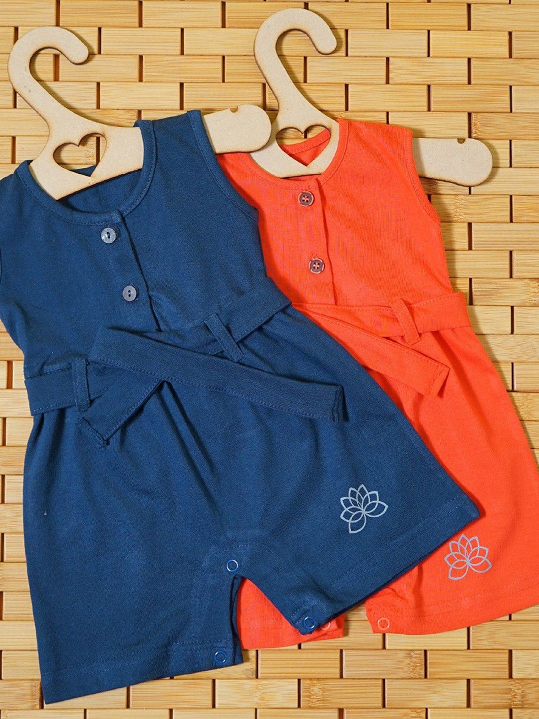 

THE MAPLES FASHION Infant Girls Pack of 2 Hosiery Cotton Knee Length Dress With Belt, Blue