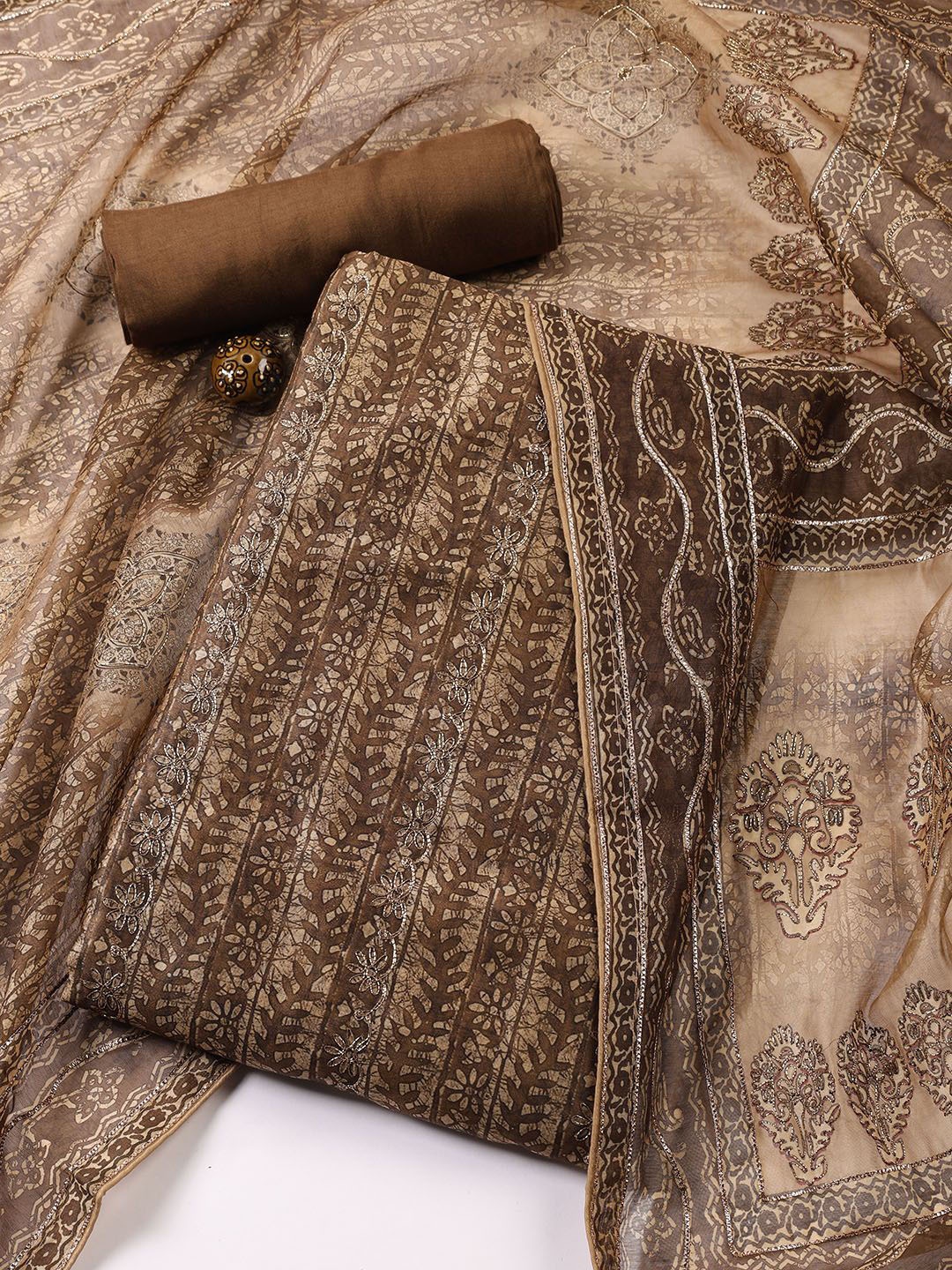 

Meena Bazaar Floral Printed Zari Chanderi Silk Unstitched Dress Material, Brown