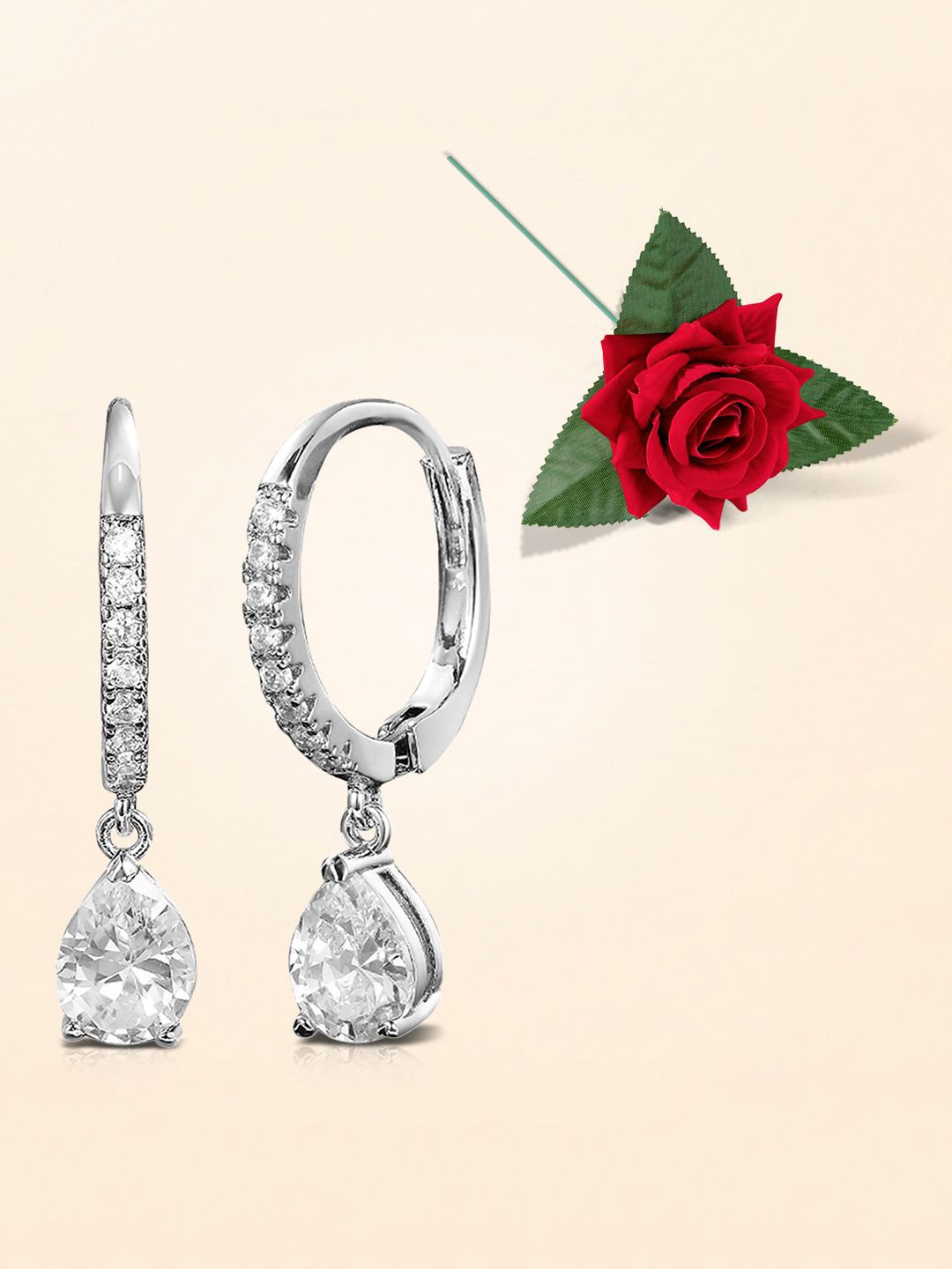 

Peora Silver-Plated Cubic Zirconia Studded Contemporary Hoop Earrings With One Rose