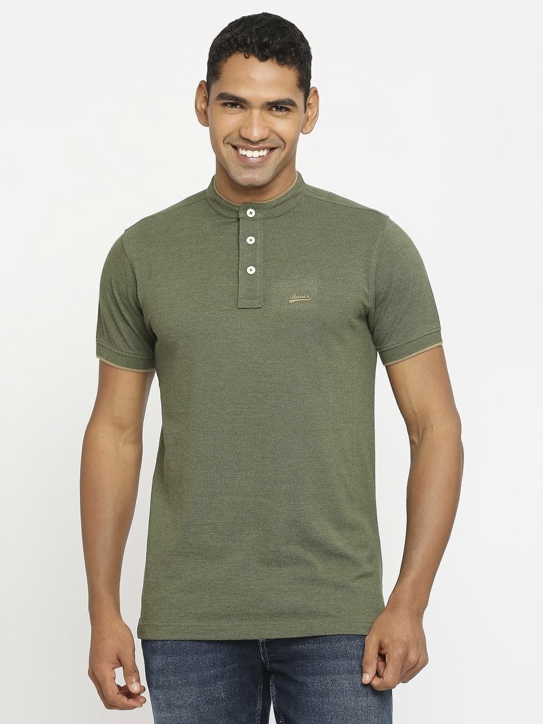 

Basics Men Solid Mandarin Collar Cotton Boxy T-shirt, Green