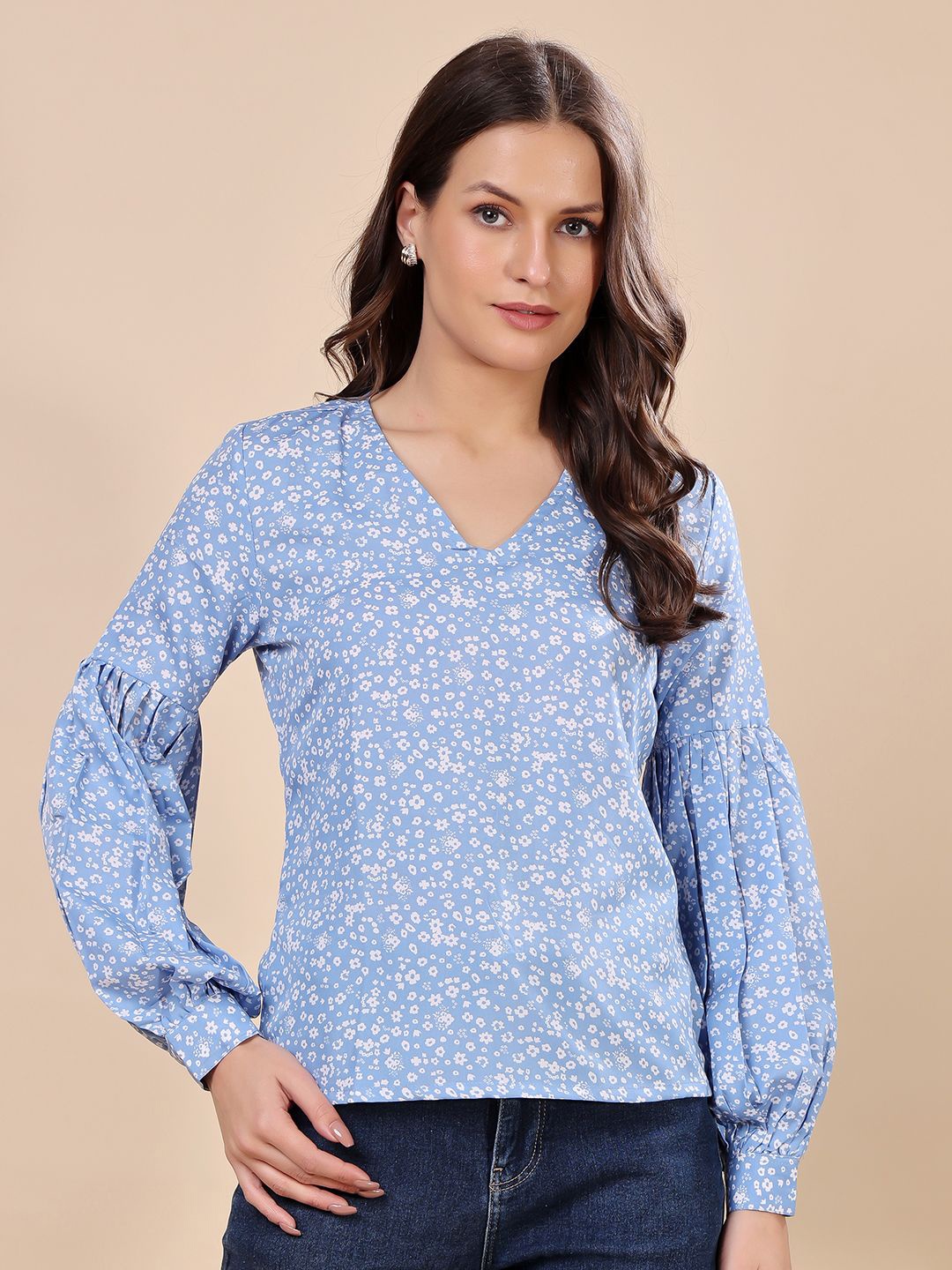 

Moda Rapido Floral Print Bishop Sleeves Crepe Tube Top, Blue
