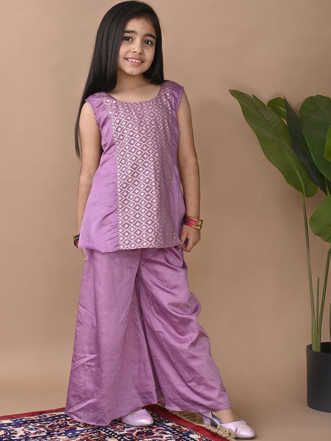 

Here&Now X Kinder Kids Girls Floral Woven Design Pure Straight Anarkali Kurti With Palazzo, Purple