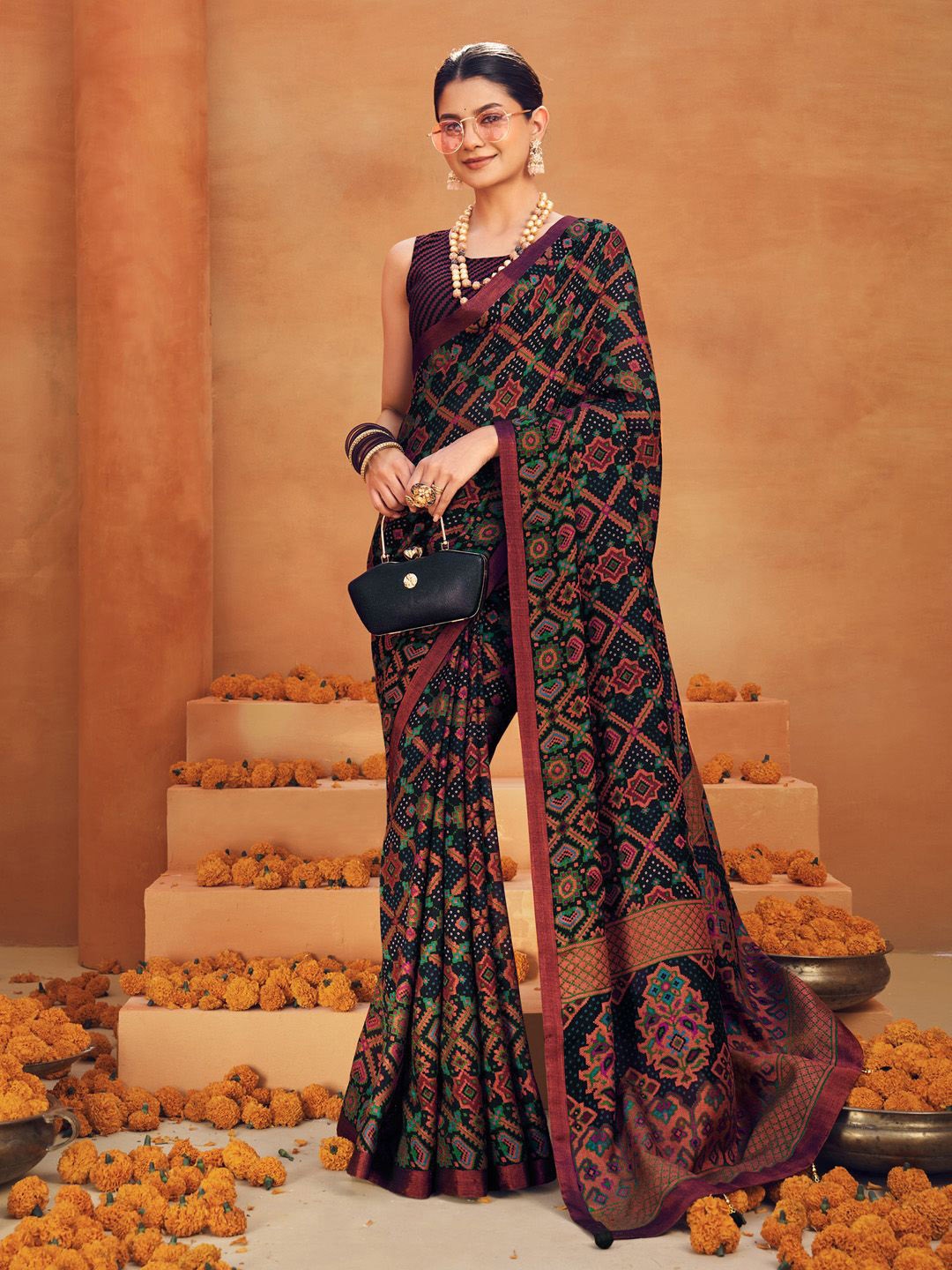 

Anouk Ethnic Motifs Poly Georgette Saree, Navy blue