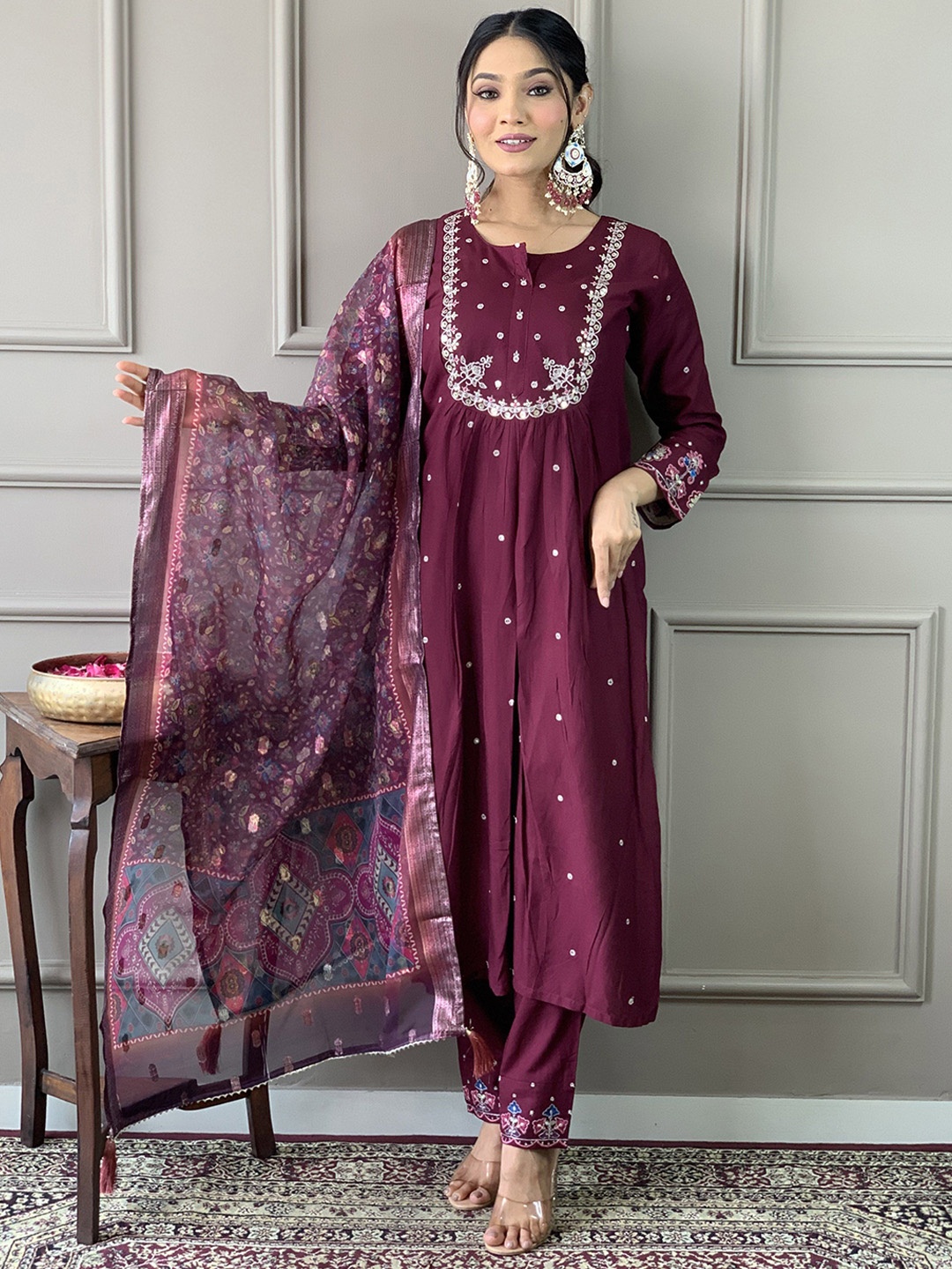 

ZIBLON Floral Embroidered Chanderi Cotton Straight Kurta With Trousers & Dupatta, Maroon