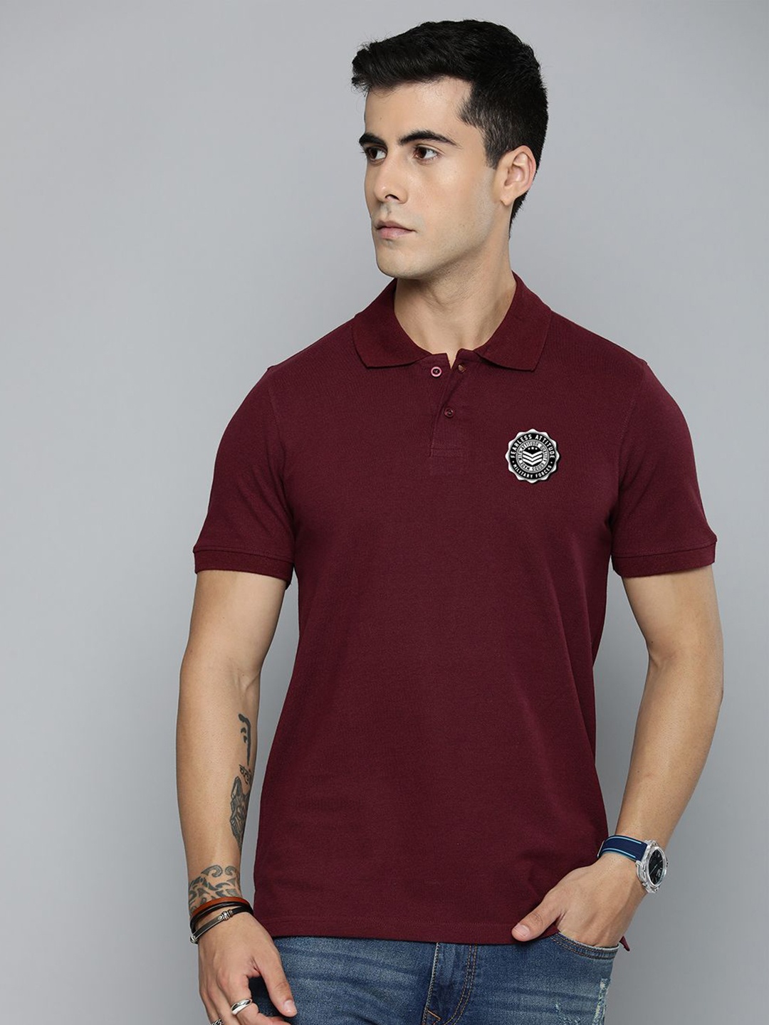 

R.Code by The Roadster Life Co. Men Printed Polo Collar T-shirt, Burgundy