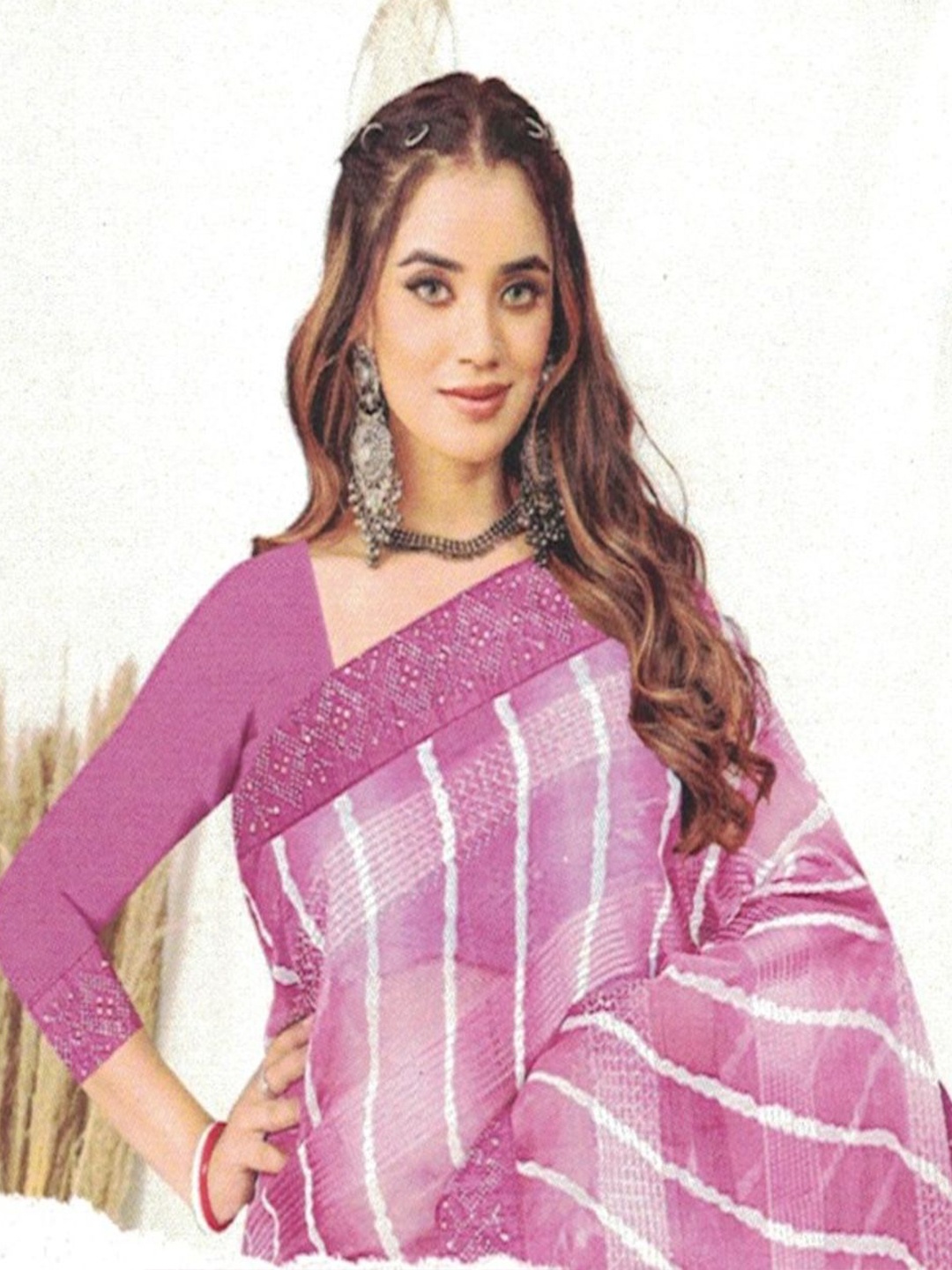 

SHOPPKEE Striped Beads and Stones Poly Chiffon Chanderi Saree, Pink