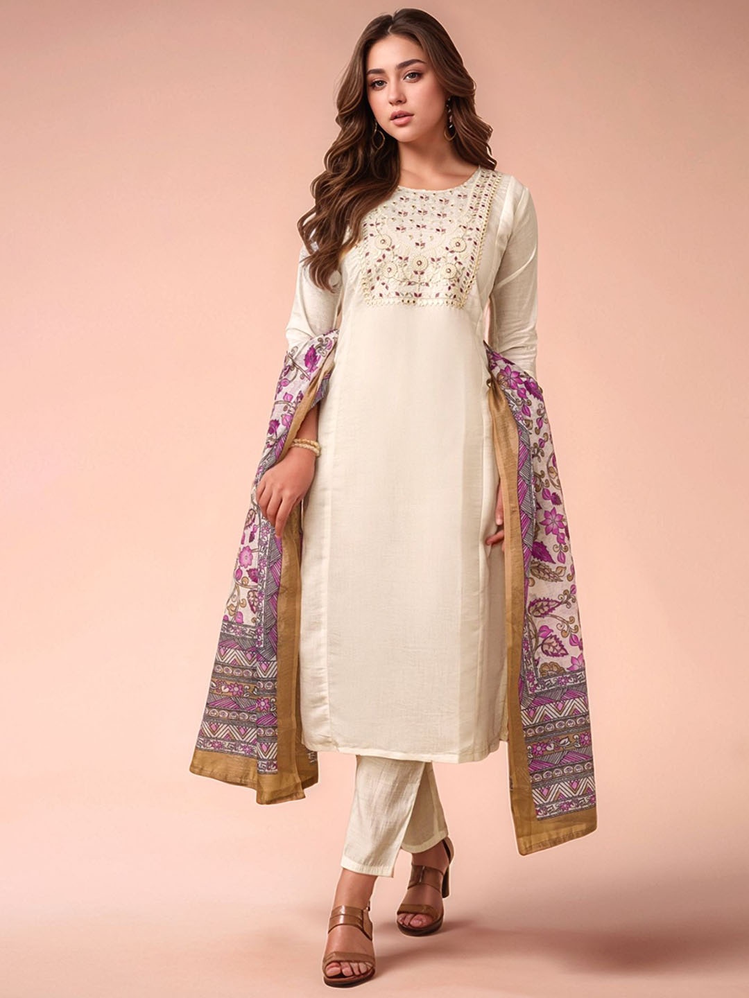 

Siya Fashion Embroidered Straight Mirror Work Kurta With Trousers And Dupatta, White